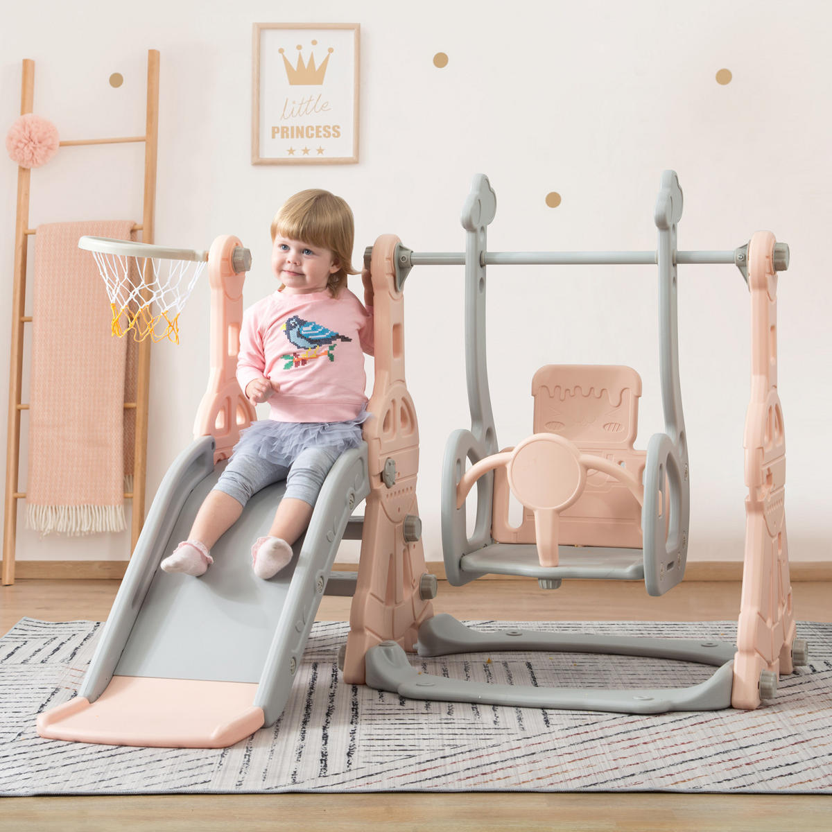 KINDERRUTSCHE mit Schaukel 4-in-1 –Rosa, Mit Basketballkorb & 3-fach höhenverstellbarer Schauke, Spielgerät für Kinder - Rosa, Kunststoff (140/102/118cm) - BursDany