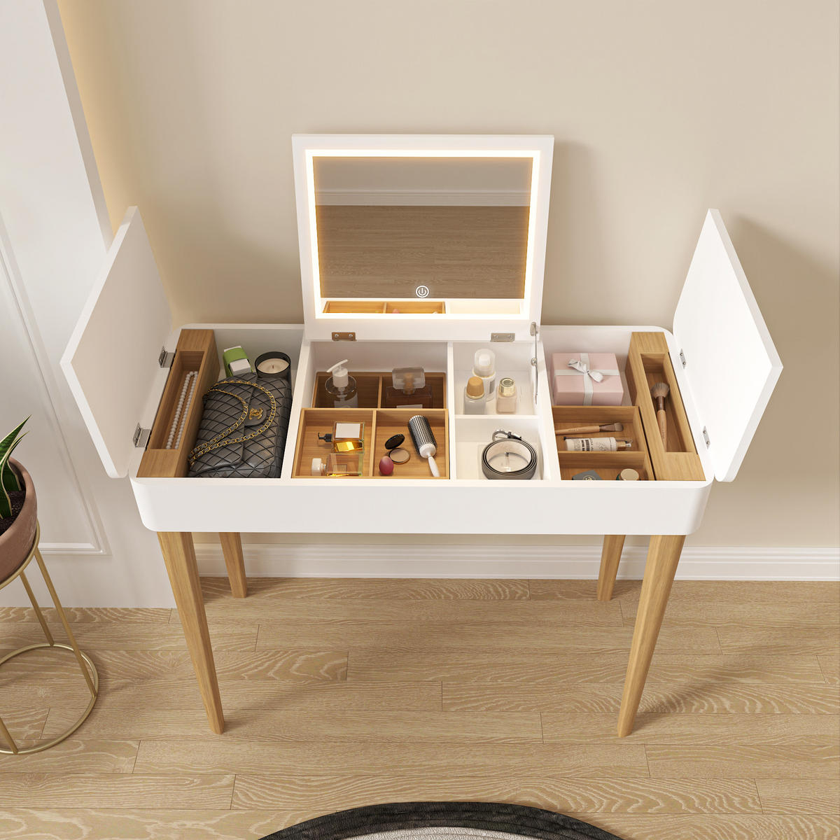 SCHMINKTISCH 83/40/75 cm weiß aus MDF mit klappbarem Spiegel und Stauraum - Weiß, Holzwerkstoff (40/75/83.6cm) - OKWISH