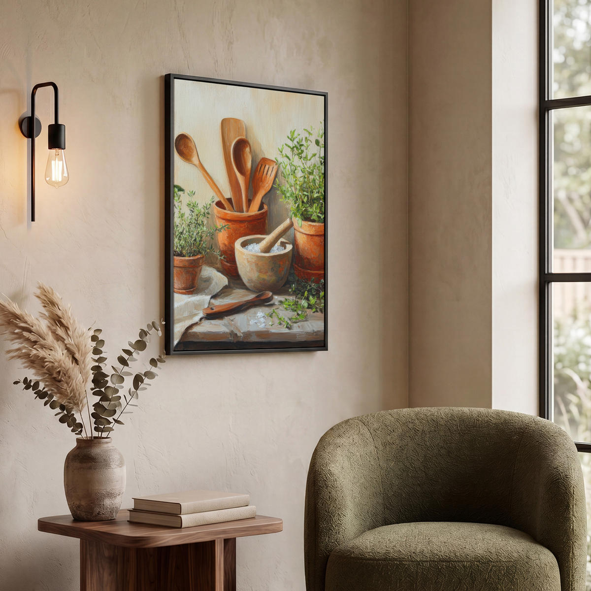 LEINWAND Bilder mit Rahmen - Töpfe - Kräuter - Holz - 60x80 - Terracotta, Textil (60/80cm) - MuchoWow