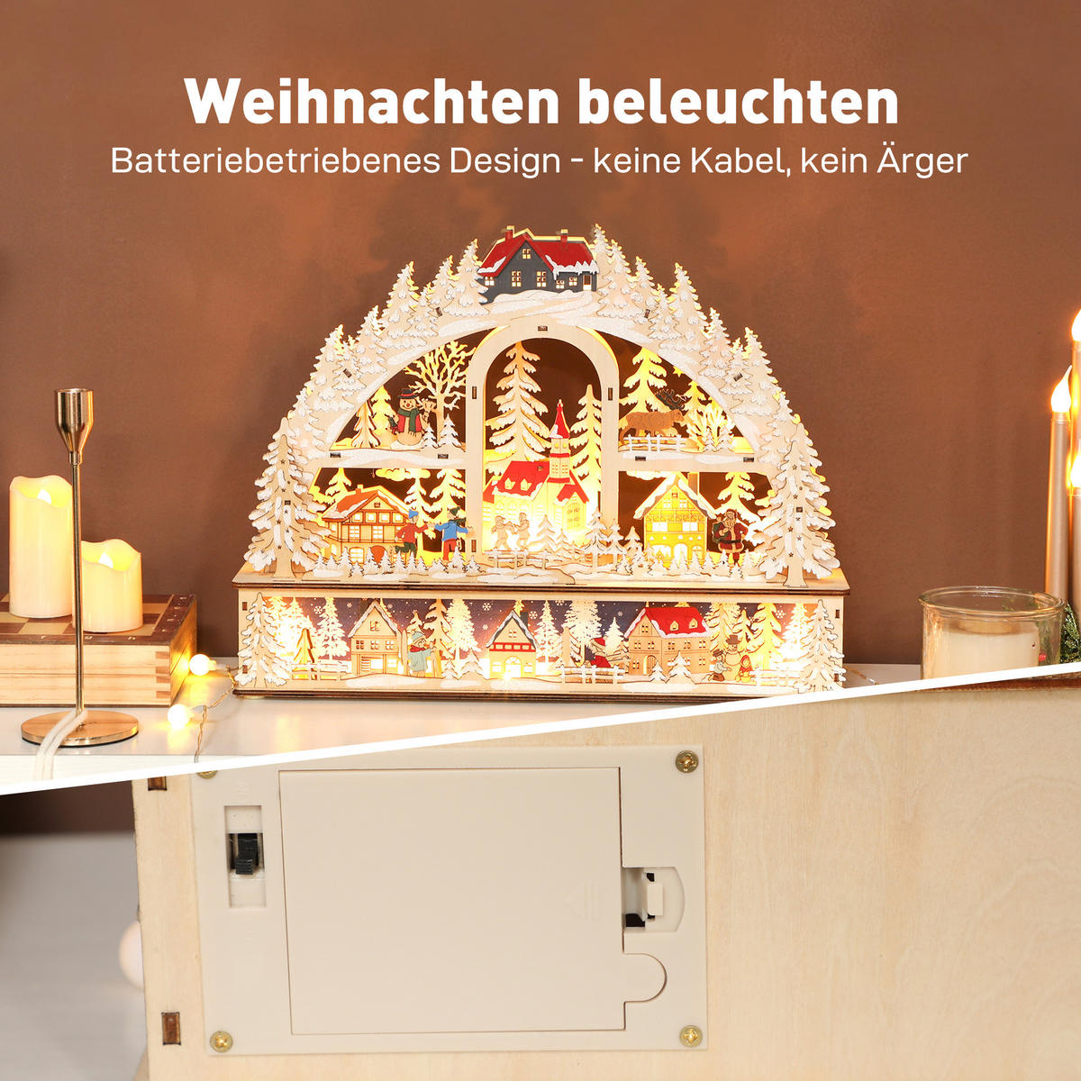 WEIHNACHTSDORF mit LED-Leuchtung, 45 cm Weihnachtsstadt mit Schneemann Renntier - Naturfarben, Holzwerkstoff (10/35/45cm) - HOMCOM