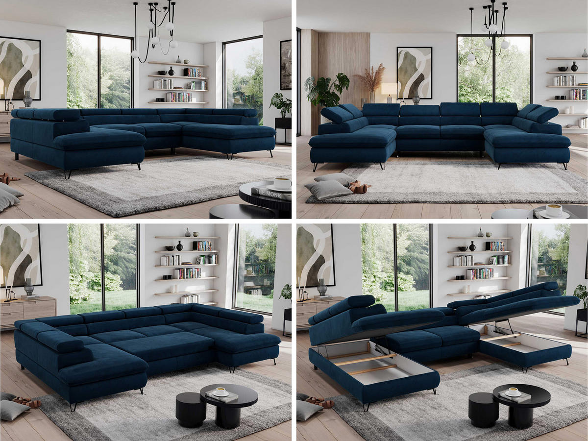 WOHNLANDSCHAFT PEDRO U Velvet Dunkelblau - Schwarz/Dunkelblau, Textil/Metall (346/76/208cm) - MKS