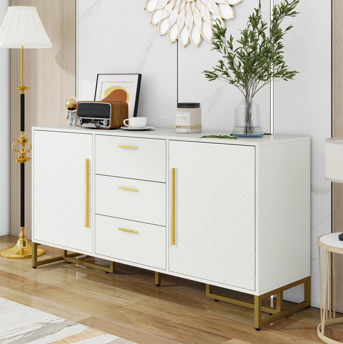 SIDEBOARD 145/40/75 cm weiß aus MDF-Holzwerkstoff mit Fischgrätenmuster und 3 Schubladen - Weiß, Holzwerkstoff (145/75/40cm) - OKWISH