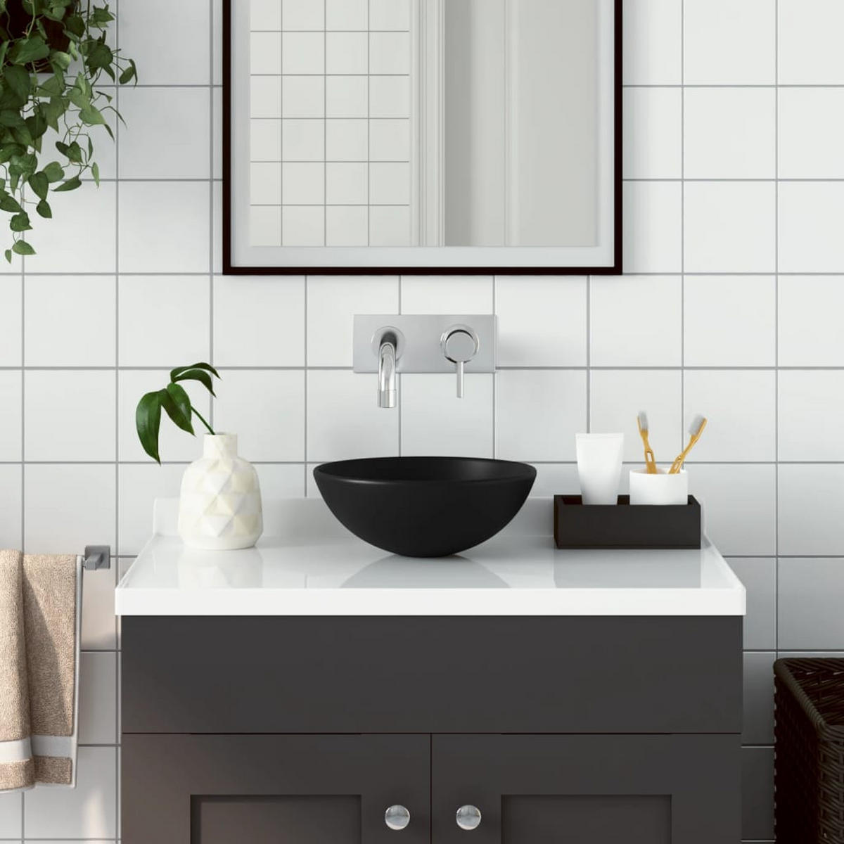 WASCHBECKEN Keramik Matt-Schwarz Rund - Schwarz, Keramik (10/28/28cm) - vidaXL