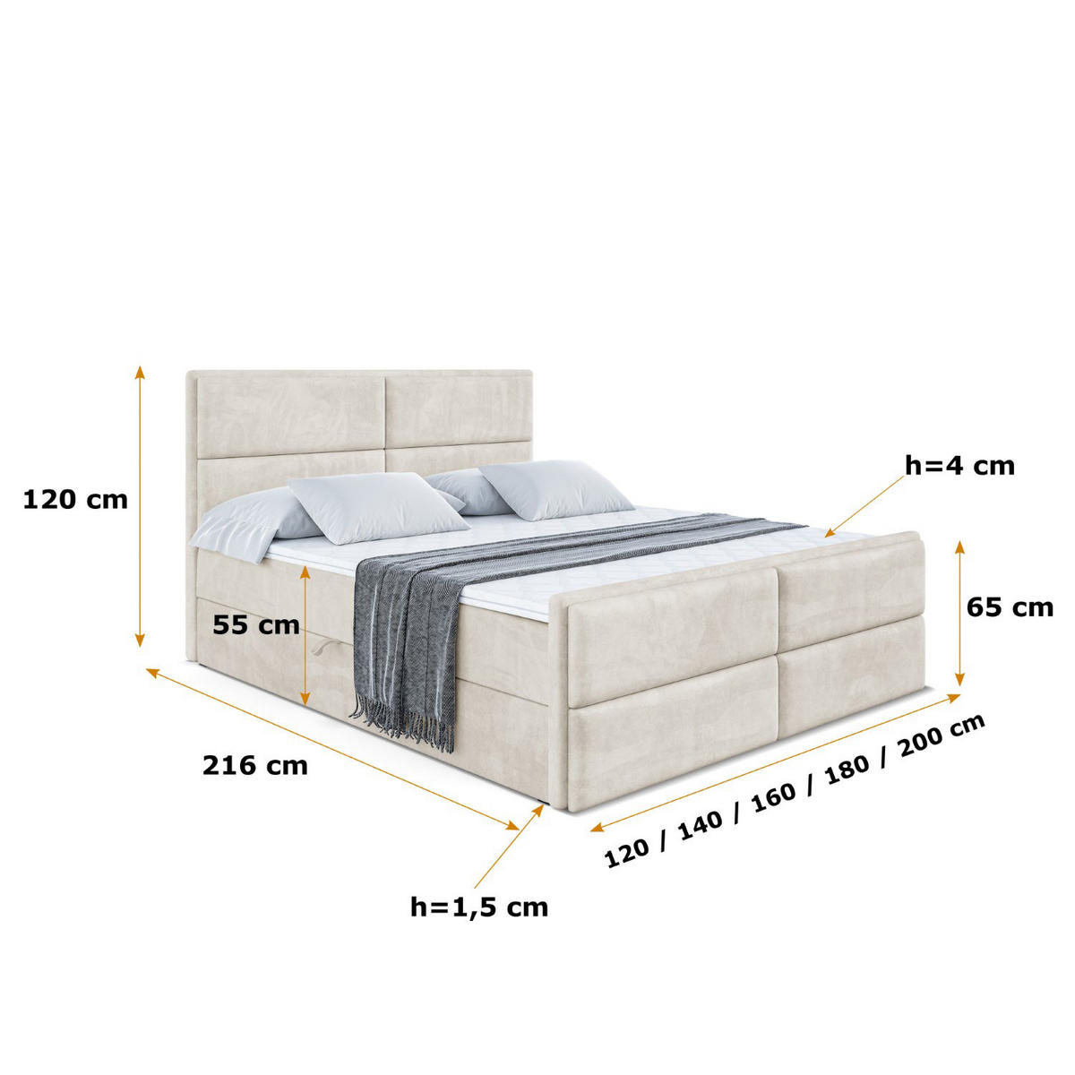 BOXBETT AURA-Z - 160 x 200 - H4 - Ecru - Ecru, Holzwerkstoff (160/200cm) - ALTDECOR