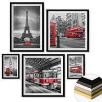WANDBILDER 5er-Set - 50x50 cm & 20x30 cm & 40x60 cm Schwarzer Rahmen - Rote Busse in der Stadt - Schwarz, Kunststoff (40/60cm) - ArtPrintCave