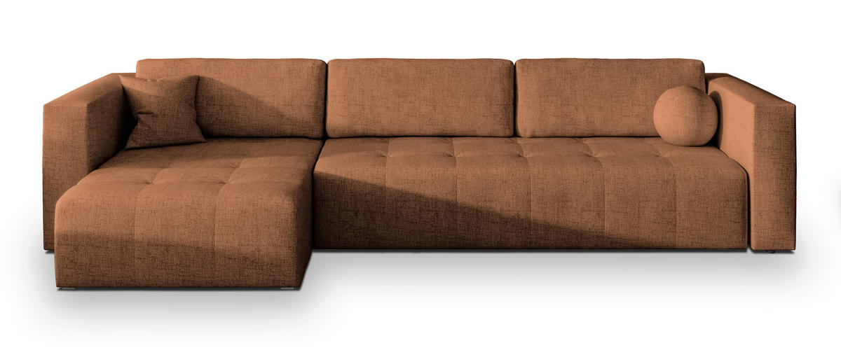 ECKSOFA OLVERA Kupferfarben Geflochtener Stoff mit Schlaffunktion - Kupferfarben, Holz (347/148cm) - MASSENO