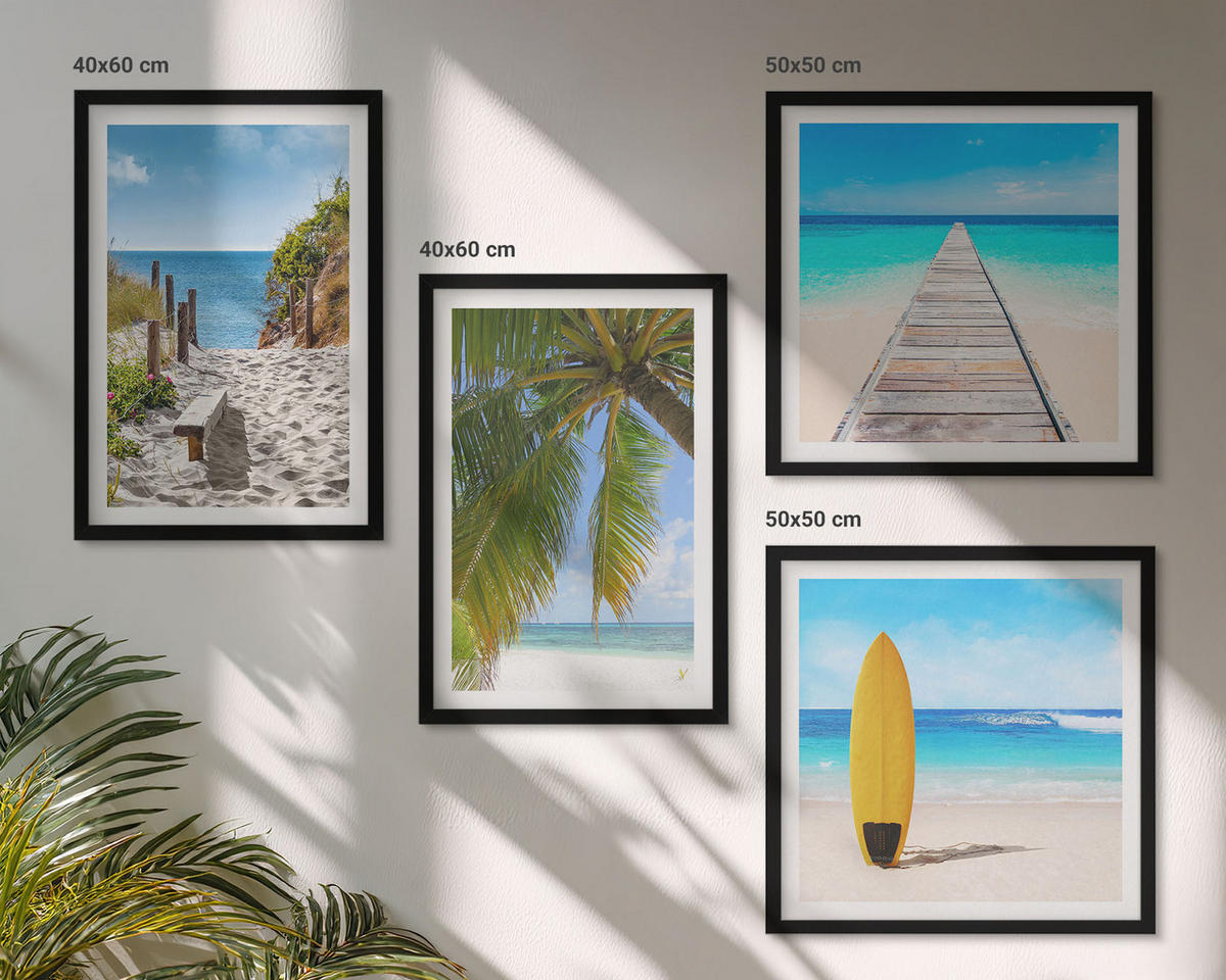 BILDER SET 4er Set - 50x50 cm & 40x60 cm Schwarzer Rahmen - Urlaubsblick Strand Palmen - Schwarz, Kunststoff (50/50cm) - TULUP
