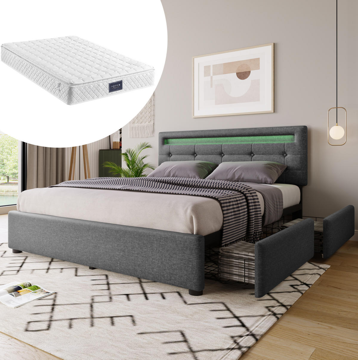 POLSTERBETT 140/200 cm mit LED-Beleuchtung, 4 Schubladen, verstellbarem Kopfteil und Matratze, Grau - Grau, Textil (140/200cm) - Redom
