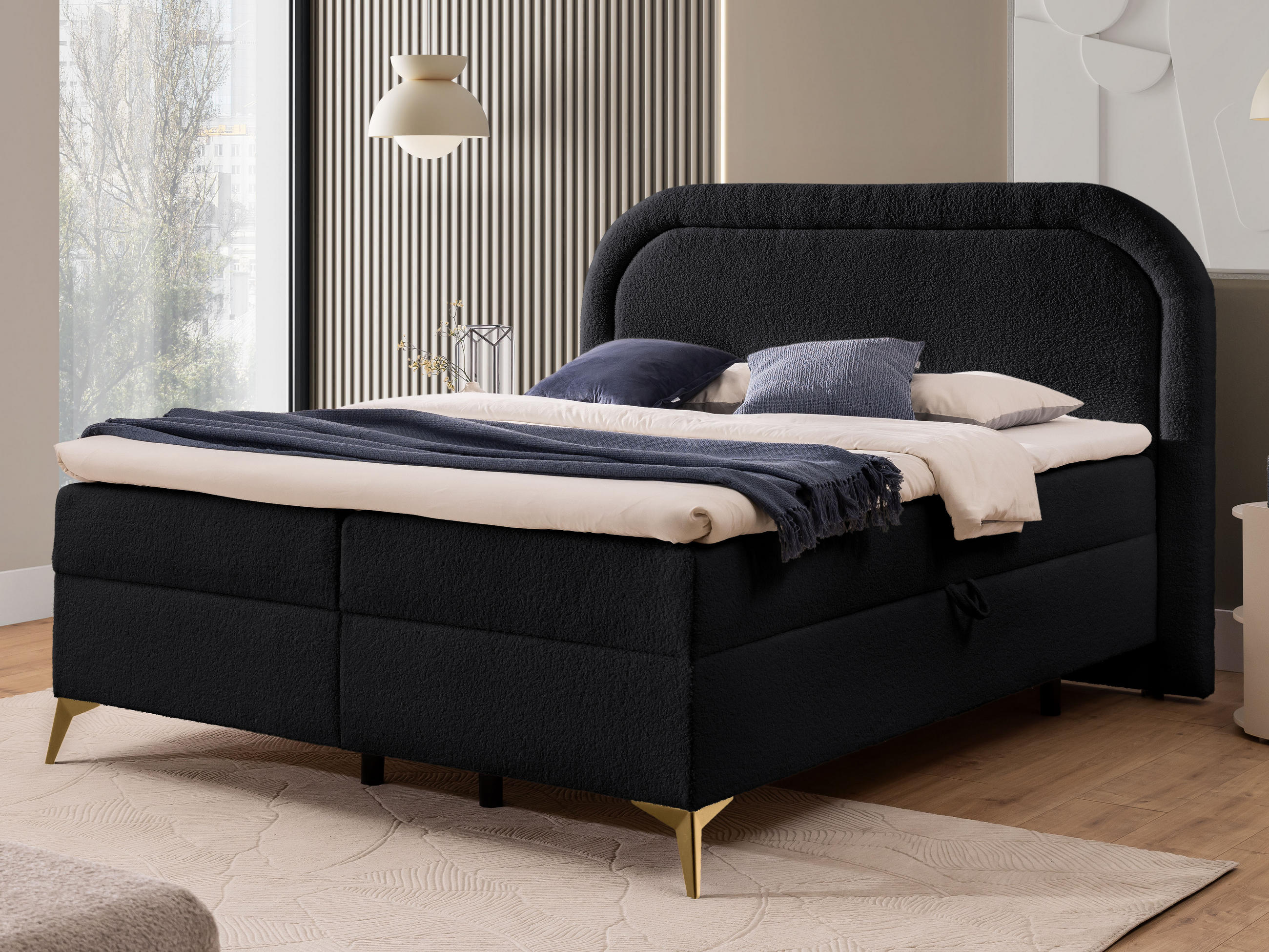 BOXBETT Sonna 140/200 cm Schwarz Bouclé-Stoff mit abgerundetem Kopfteil und mit goldenen Metallfüßen - Goldfarben/Schwarz, Holz/Textil (140/200cm) - S-Style Möbel