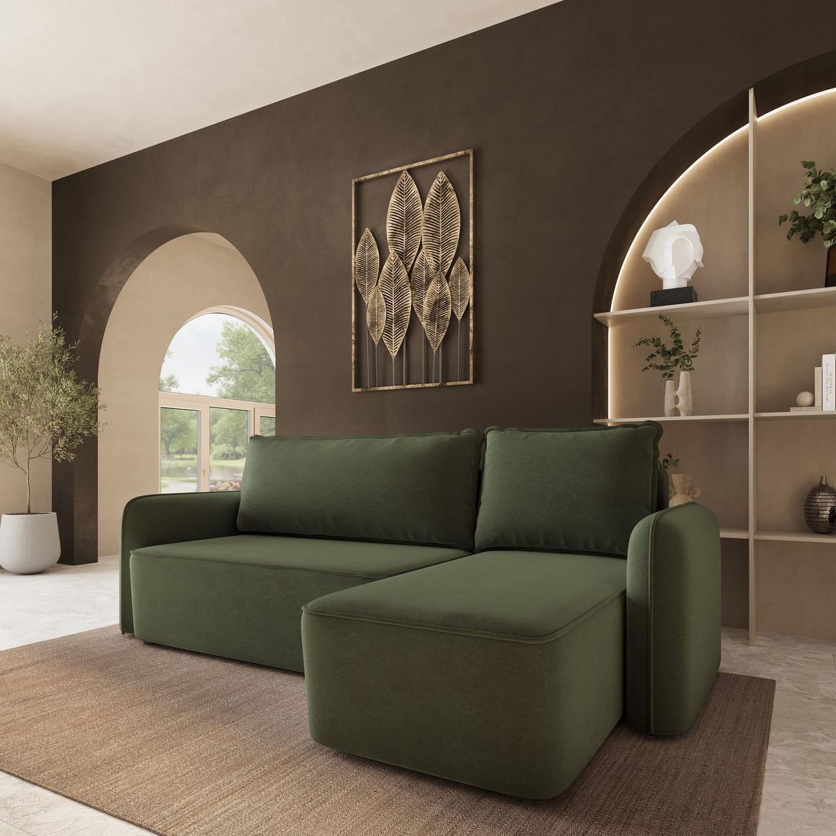 ECKSOFA DOLVER CL Olivgrün Samtstoff mit Schlaffunktion - Olivgrün, Holzwerkstoff/Textil (238/156cm) - MASSENO