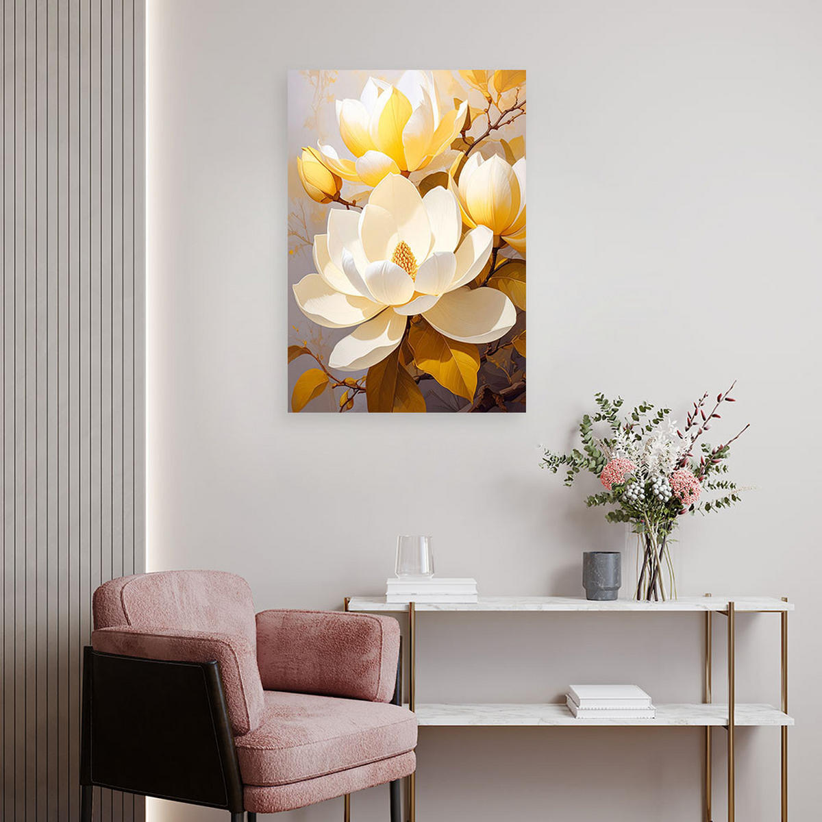 BILD auf Leinwand, Helle Magnolien mit gelbem Licht im Hintergrund - Gelb, Textil (20/30cm) - Feeby