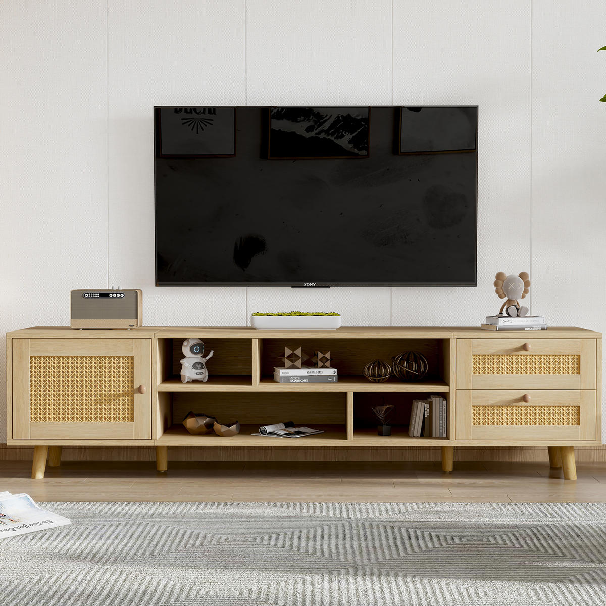 TV-LOWBOARD in Eiche-Optik mit Rattanfront 160/39/40.5 cm - Naturfarben, Holzwerkstoff (160/40.5/39cm) - Redom