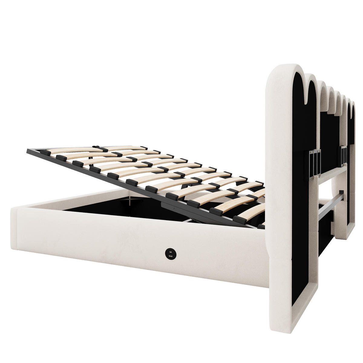 BOXBETT 160/200 mit Wolken Kopfteil, Bettkasten/Leselampe/USB, Samt, Beige - Beige, Holz/Textil (160/200cm) - LVHOM