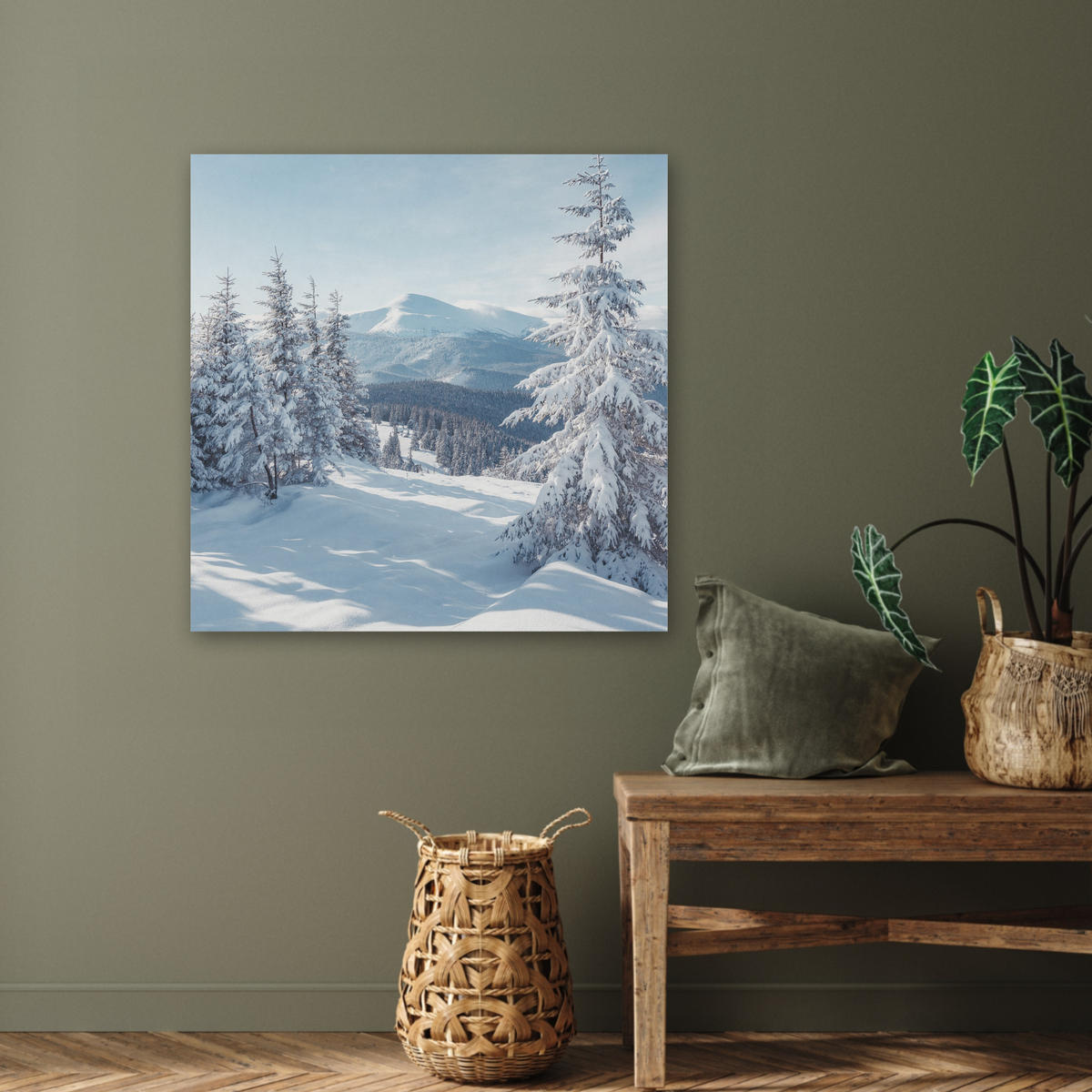 AKUSTIKBILD Winterlandschaft - Natur - Berge - Bäume - Schnee Akustikpaneele 80x80 cm - Hellblau, Kunststoff (80/80/0.9cm) - MuchoWow