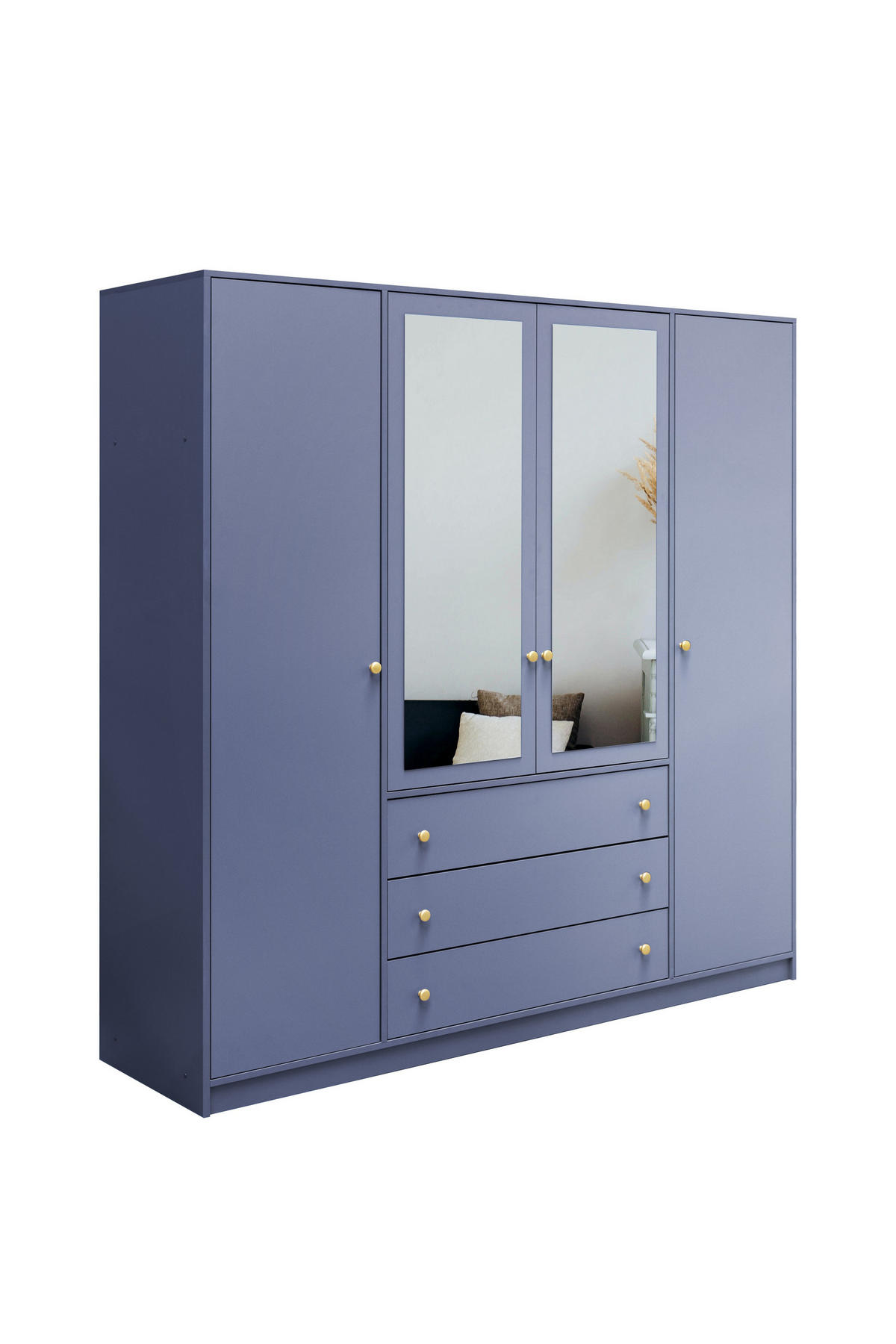 DREHTÜRENSCHRANK GALIO 196/200/57,5 cm 4-türig mit Spiegel Blau - Blau, Holzwerkstoff (196/200/57.5cm) - MASSENO