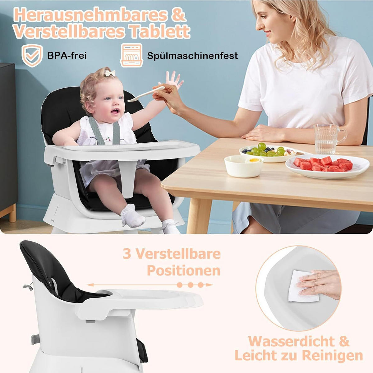 KINDERHOCHSTUHL mit Sicherheitsgurt & abnehmbarem Trichter schwarz - Schwarz, Kunststoff (58/98/58cm) - COSTWAY