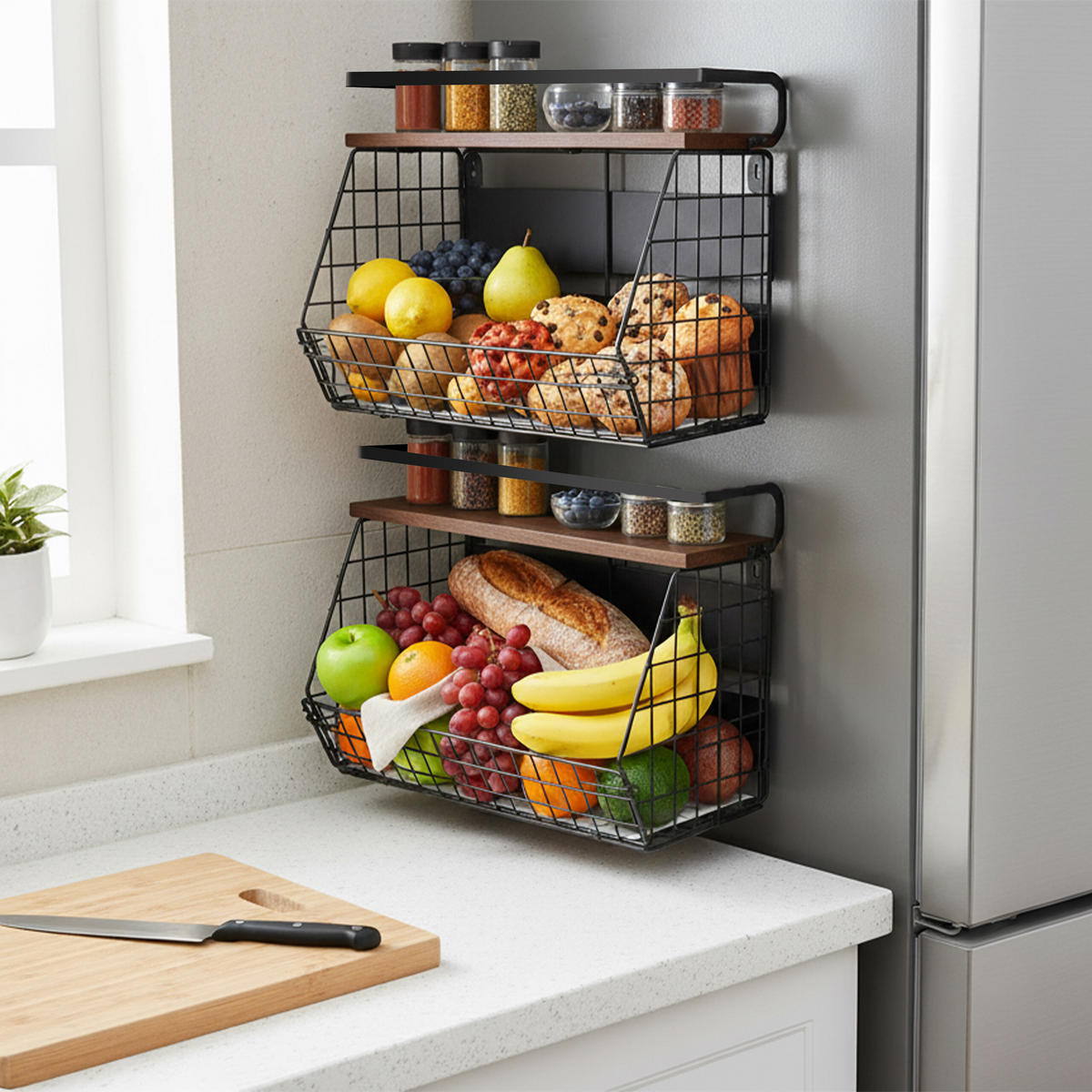 2XNÁSTENNÝ ovocný košík - čierna, kov/drevo (30cm) - Relaxdays