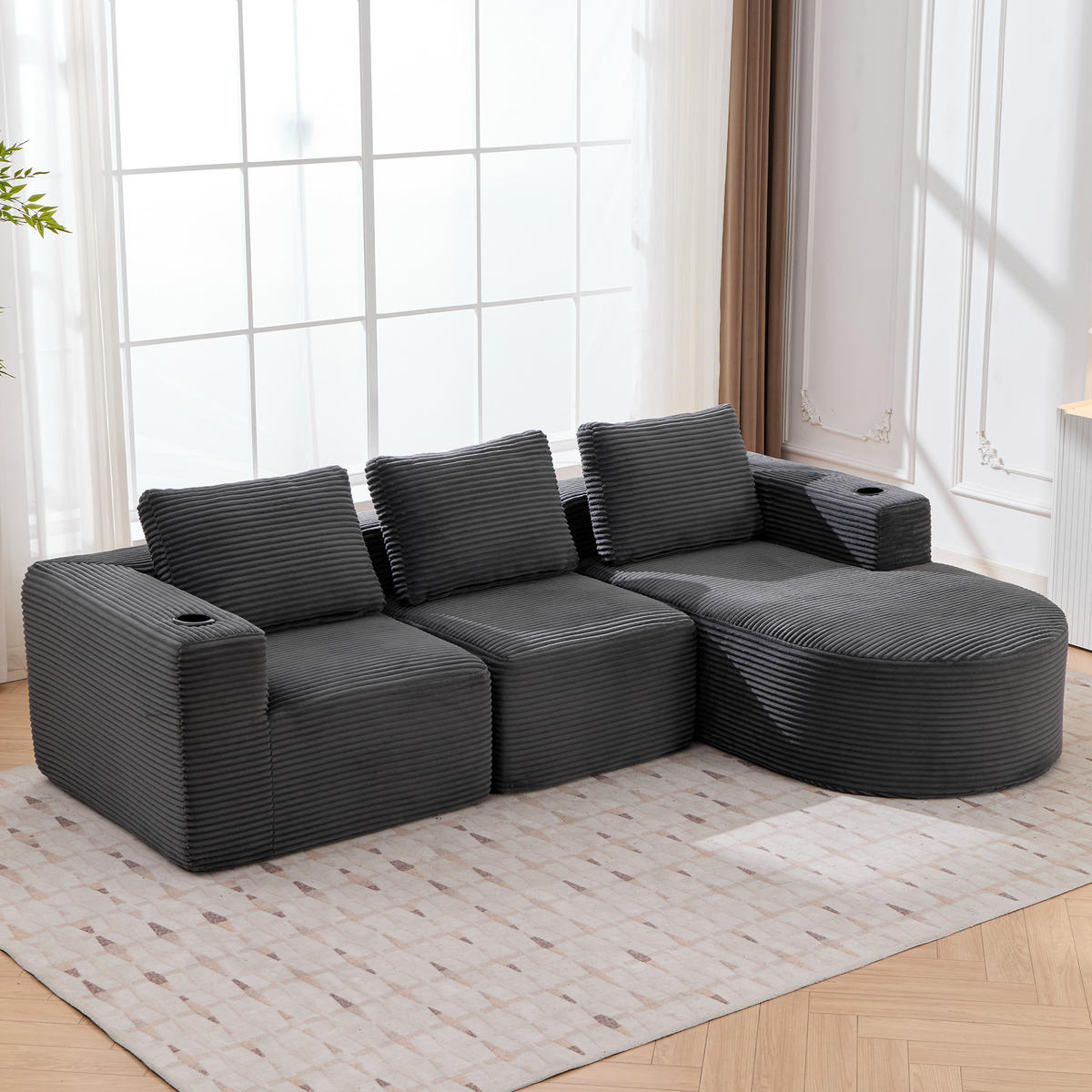 2-SITZER ECKSOFA Cord Dunkelgrau mit Kissen und Becherhalter - Dunkelgrau, Textil (265/176cm) - WISHDOR