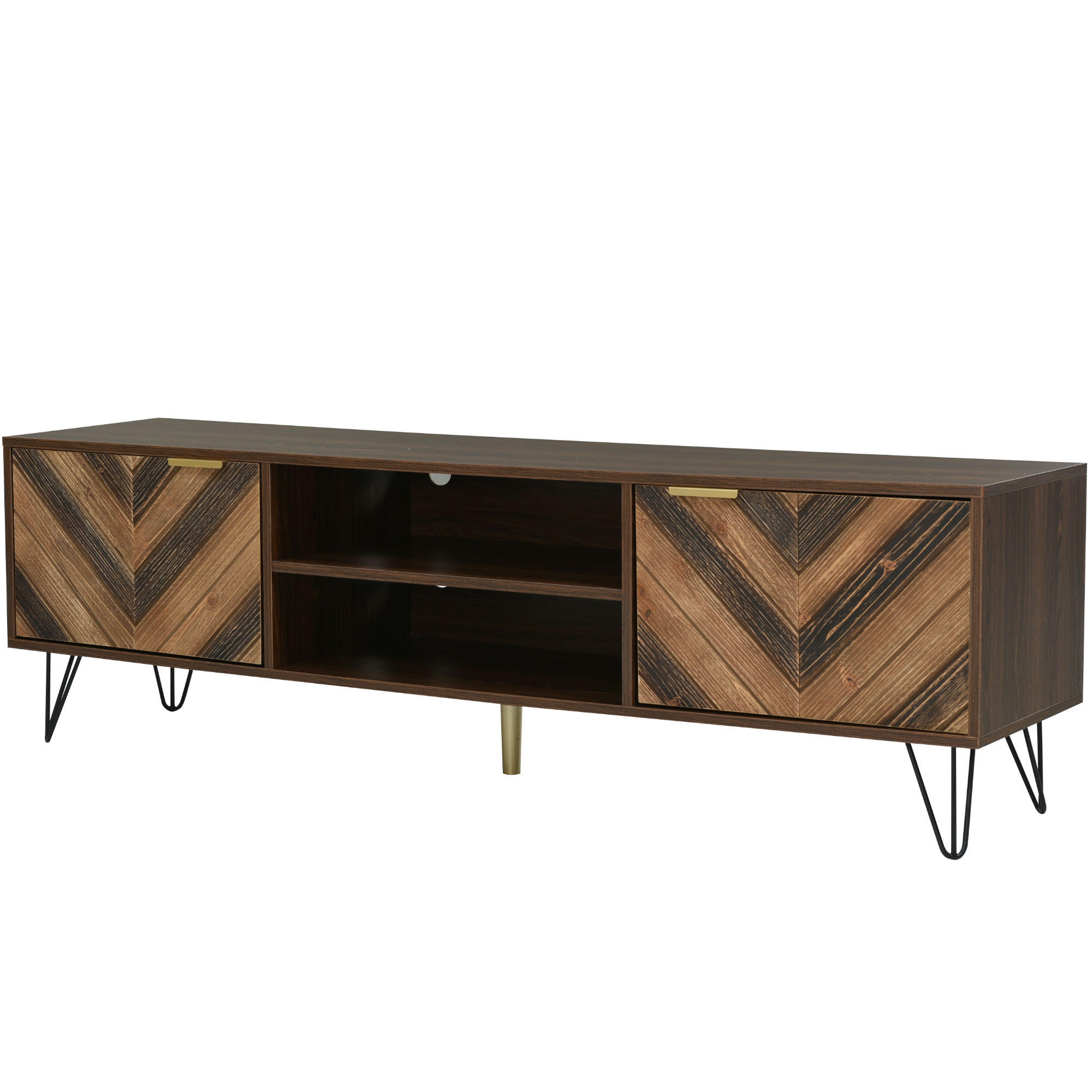LOWBOARD mit 2 Türen und Fächern Massivholzfurnier Goldgriffen Eisenfüßen 155/38/48 cm - Goldfarben/Naturfarben, Holzwerkstoff/Metall (155/48/38cm) - EVRYAE