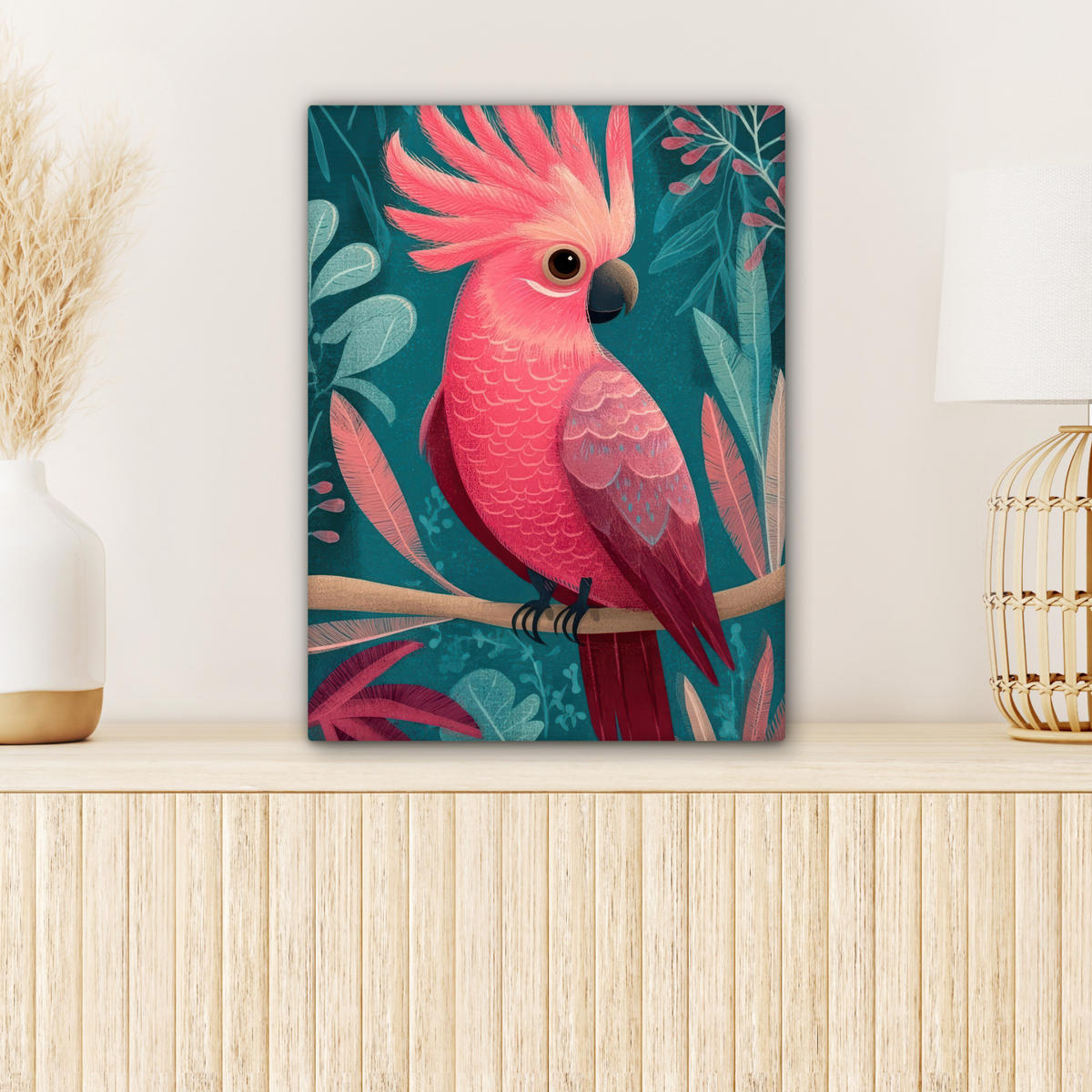 LEINWANDBILD Kakadu - Tropische Blätter - Zweig Room Decor 30x40 cm - Petrol, Textil (30/40cm) - MuchoWow