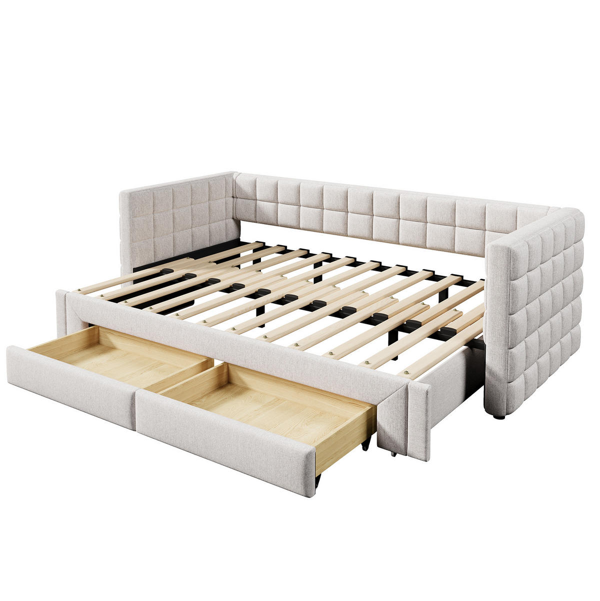 TAGESBETT 90/200 cm aus Samt, ausziehbar mit 2 Schubladen und quadratischer Rückenlehne, Beige - Beige, Textil (90/200cm) - Redom