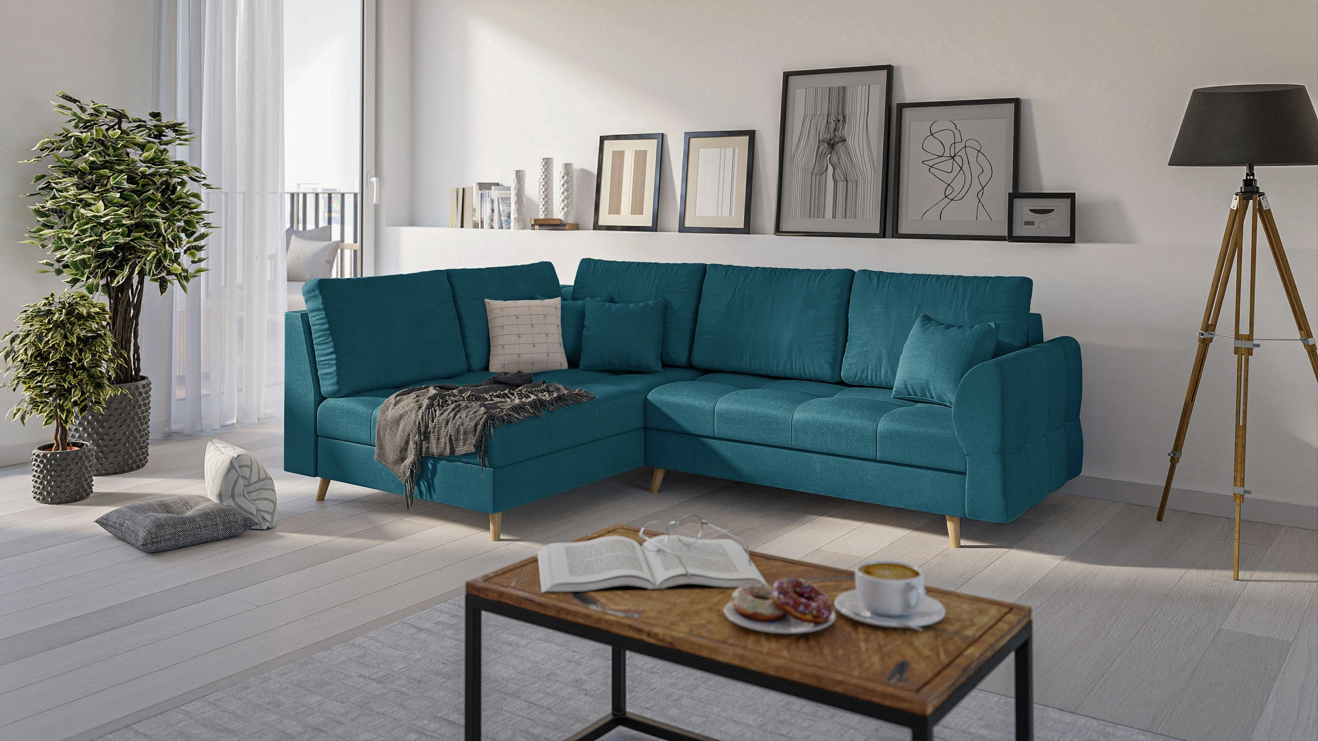 ECKSOFA Lorine Mikrofaser Blau - Blau/Hellbraun, Buchenholz/Textil (231/161cm) - S-Style Möbel