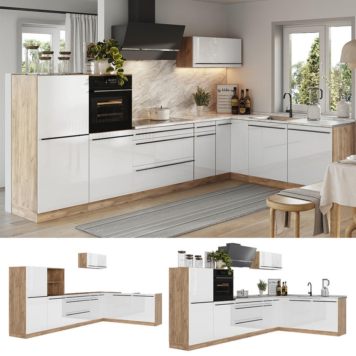ROHOVÁ KUCHYŇA R-Line, Biely vysoký lesk/Dub Goldkraft, 347 x cm Goldkraft tammi työtaso - biela s vysokým leskom/farba duba, kompozitné drevo (347/143/60cm) - Vicco
