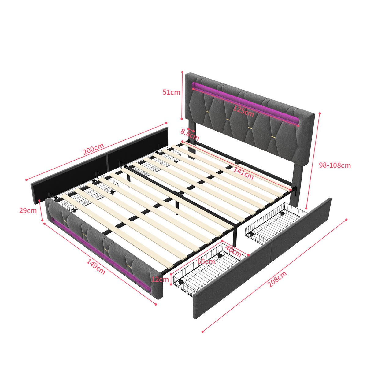 BETT 140 x 200 cm mit 4 Schubladen und LED, mit LED-Kopftei - Grau, Holzwerkstoff/Textil (140/200cm) - WoodenAura