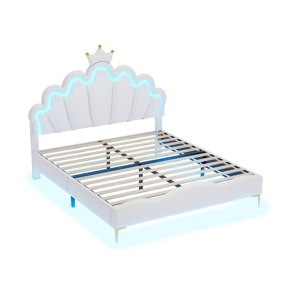 KINDERBETT 140/200 cm Weiß mit verstellbarem LED-Licht kronenförmiges Prinzessinnenbett - Weiß, Kunststoff (140/200cm) - OKWISH