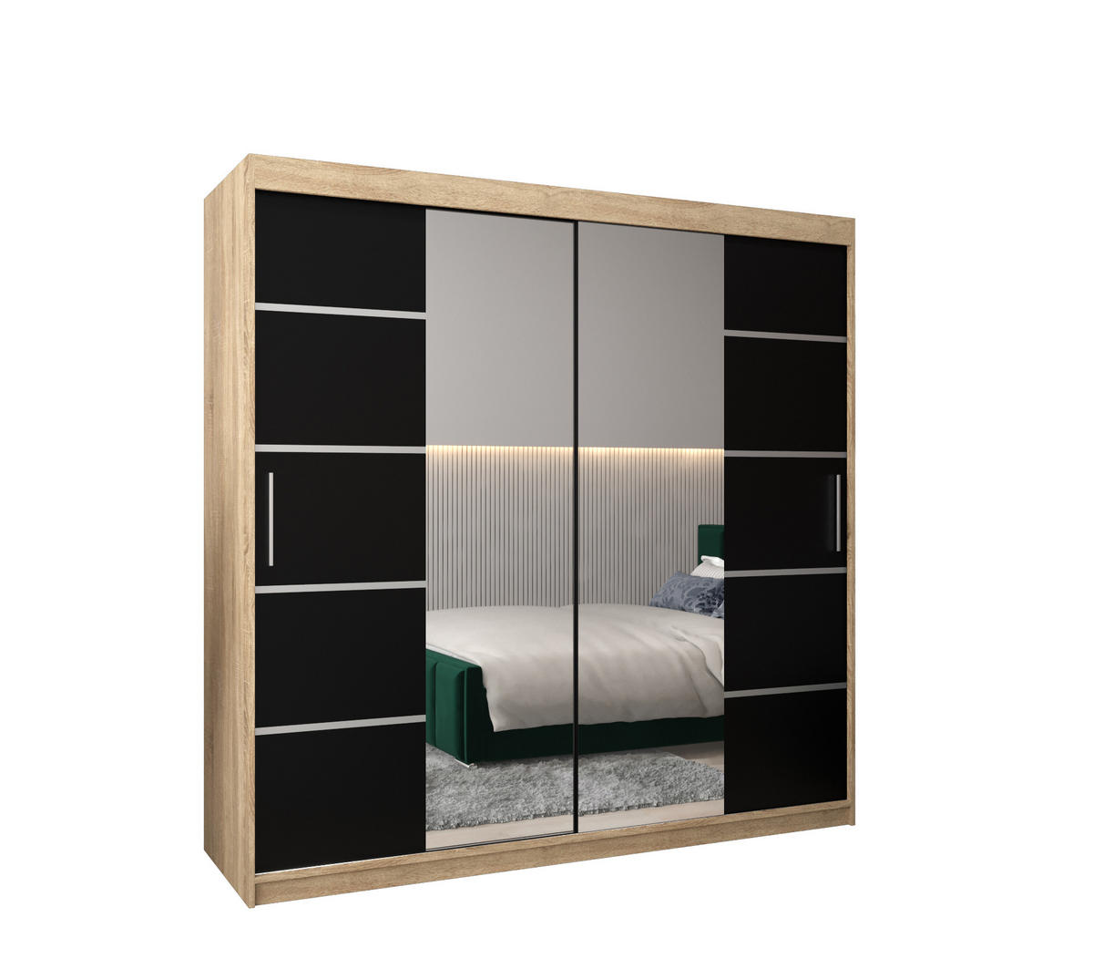 SCHWEBETÜRENSCHRANK 200/200/62 2-türig - Silberfarben/Schwarz, Holz/Kunststoff (200/200/62cm) - MÖBEL KRYSPOL