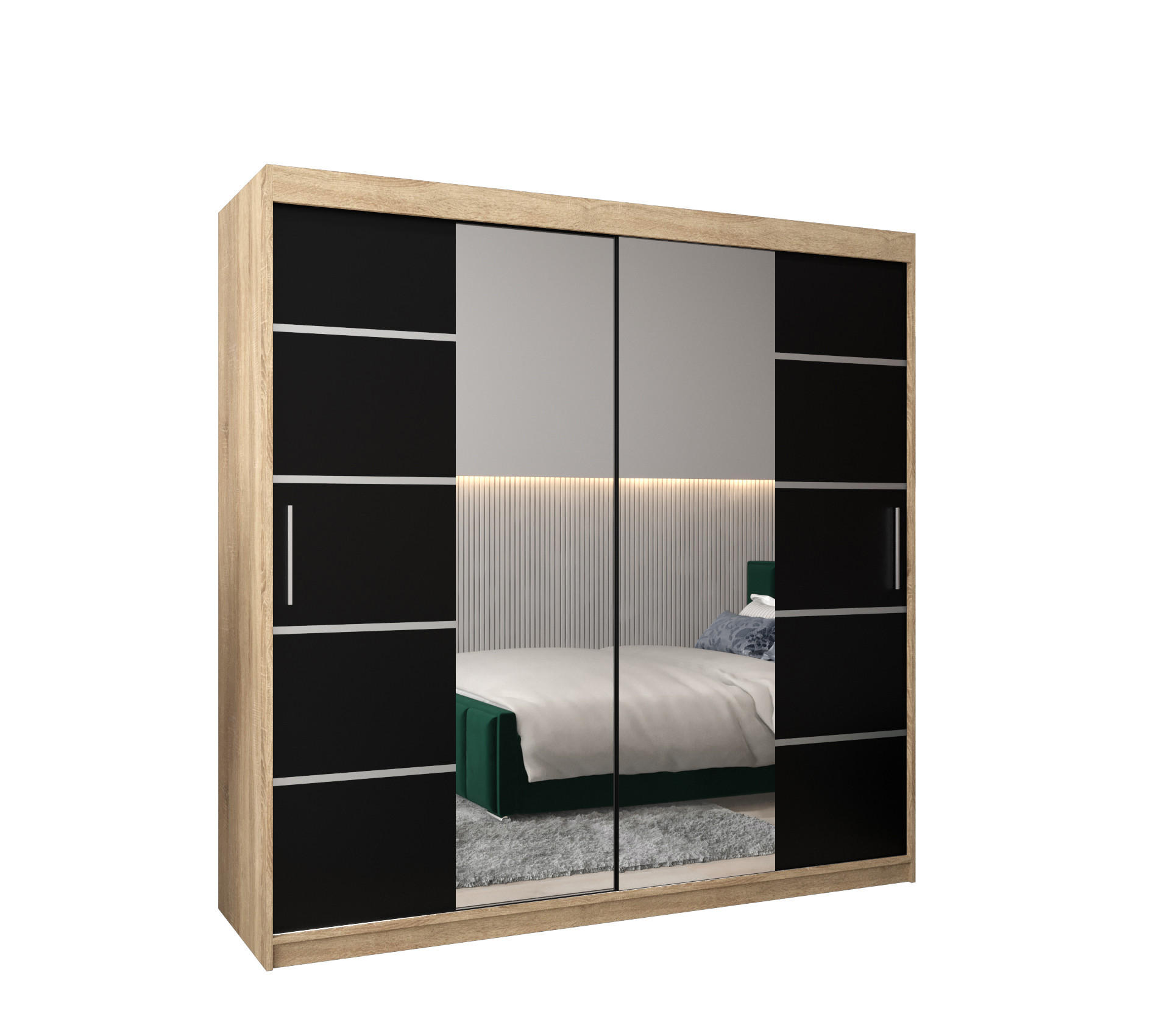 Abiks Möbel SCHWEBETÜRENSCHRANK Sonoma Eiche, Schwarz, Silber 200cm × 62cm × 200cm