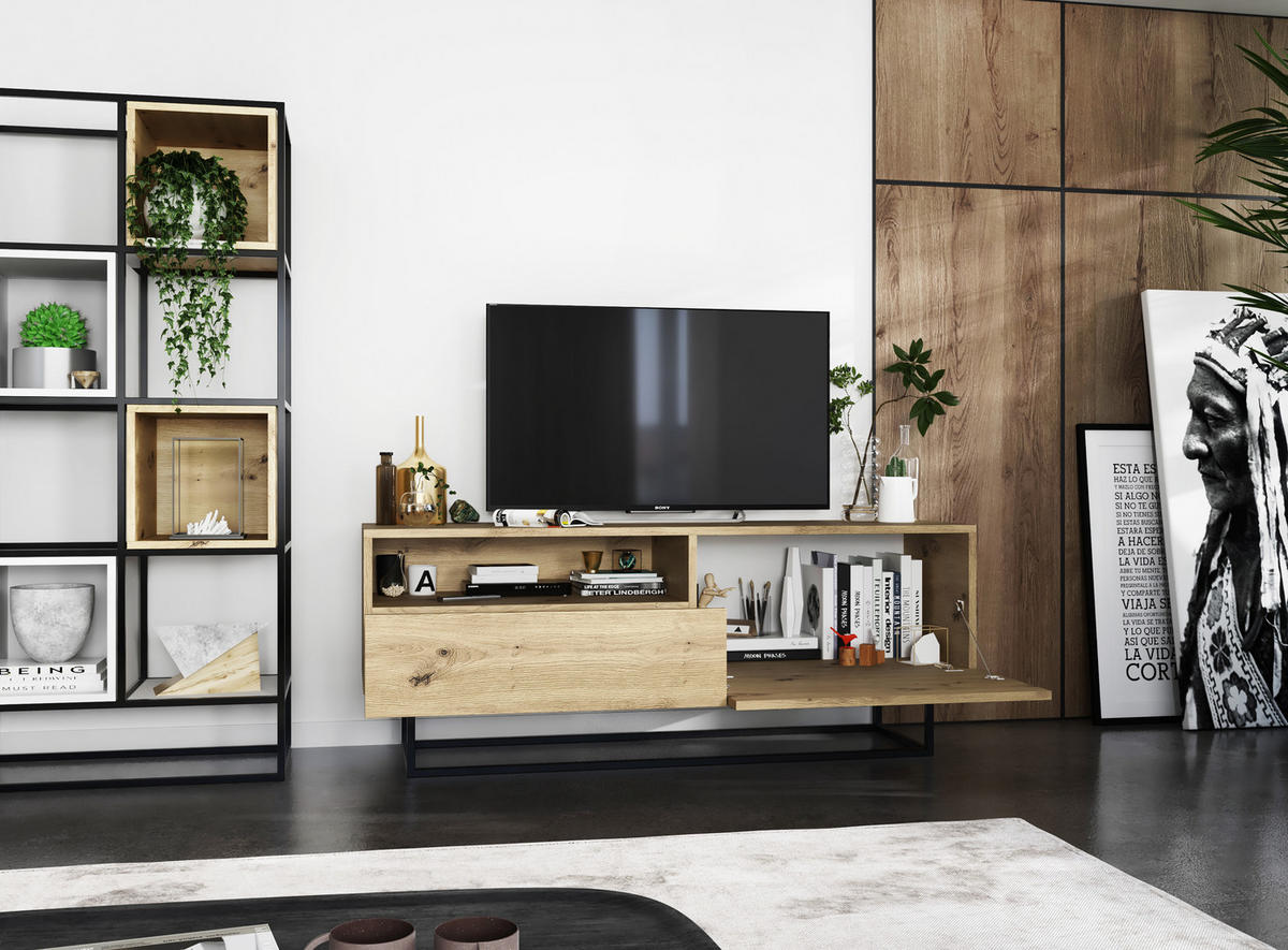 TV-SCHRANK Enjoy Eiche artisan matt mit Metallrahmen Schublade 120 cm - Schwarz/Eiche Artisan, Holzwerkstoff/Metall (120/46/35cm) - Meble Lindner
