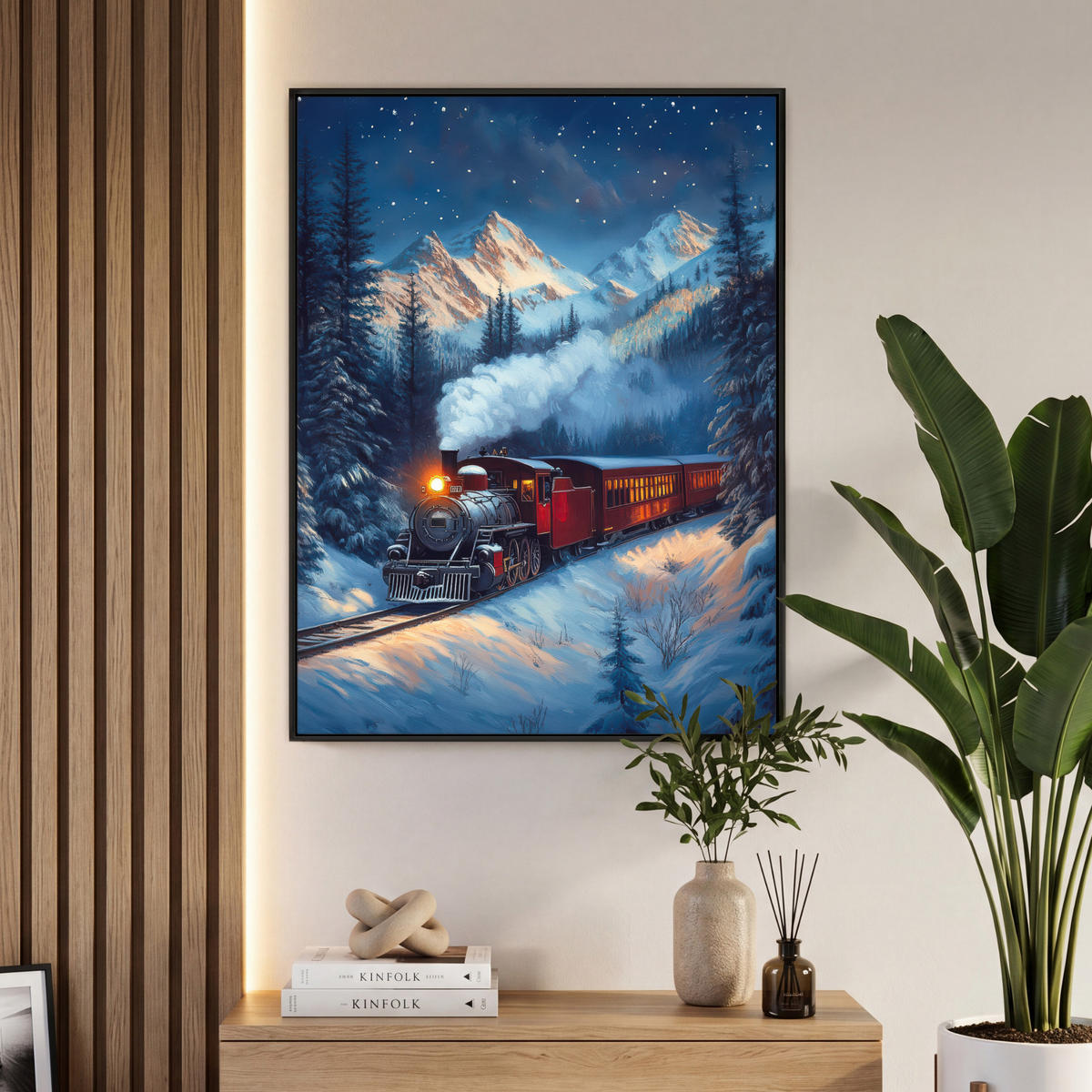 LEINWAND Bilder mit Rahmen - Zug - Weihnachten - Schnee - Weihnachtszug - 70x100 - Anthrazit, Textil (70/100cm) - MuchoWow