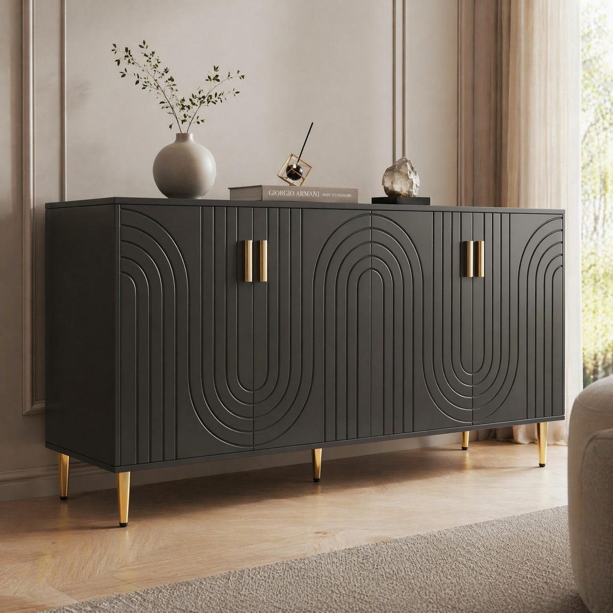SIDEBOARD aus MDF 152x40x75 cm Schwarz mit Wellenfront und goldfarbenen Griffen - Schwarz, Holzwerkstoff (152/75/40cm) - IVMEU