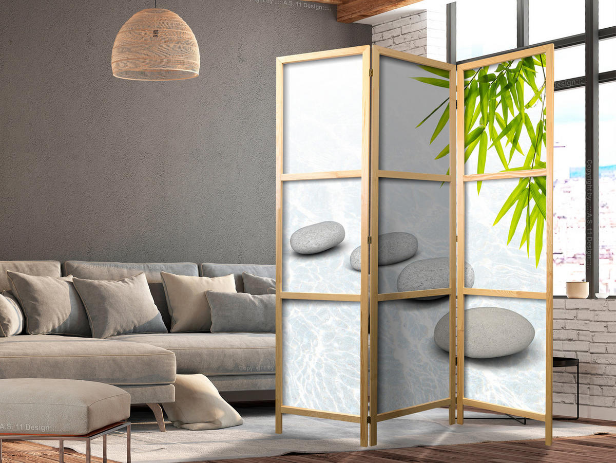 PARAVENT Japanischer 3-tlg 135x172 cm Steine Und Bl tter - Weiß, Holz/Textil (135/172/3cm) - Muralo