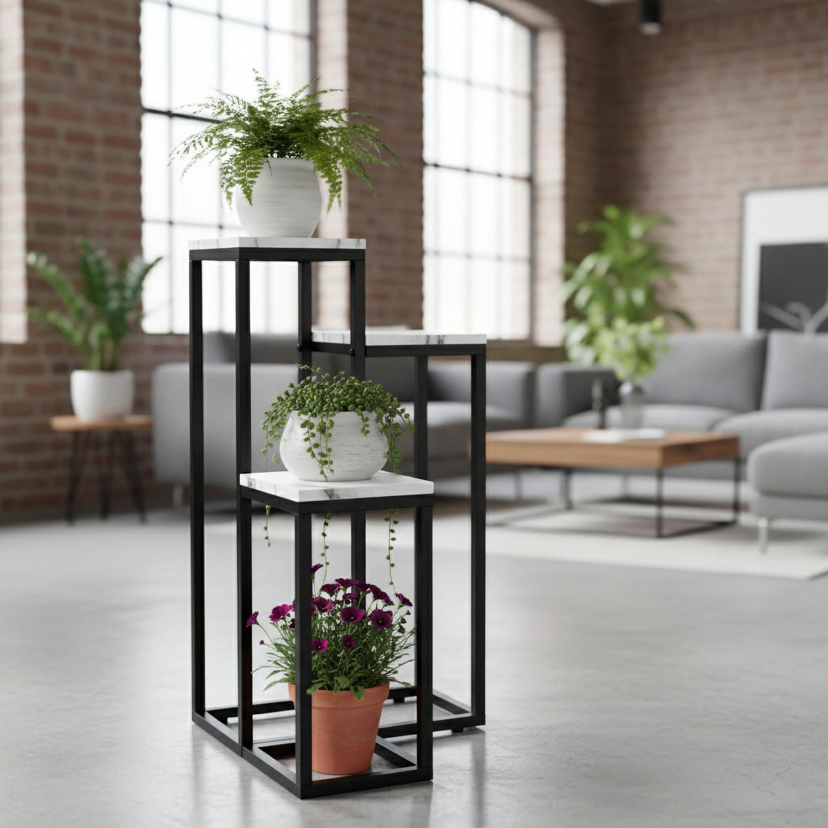 BLUMENSTÄNDER mit 3 Ablagen - Weiß Hochglanz, Metall (34/34/67cm) - Mat-Haus
