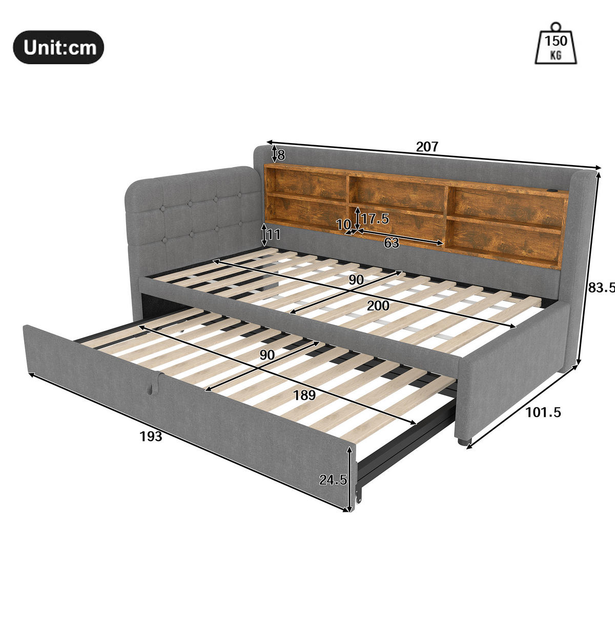 POLSTERBETT 90/200 cm Grau aus Leinen mit Ausziehbett und USB - Grau, Textil (90/200cm) - OKMYHOME
