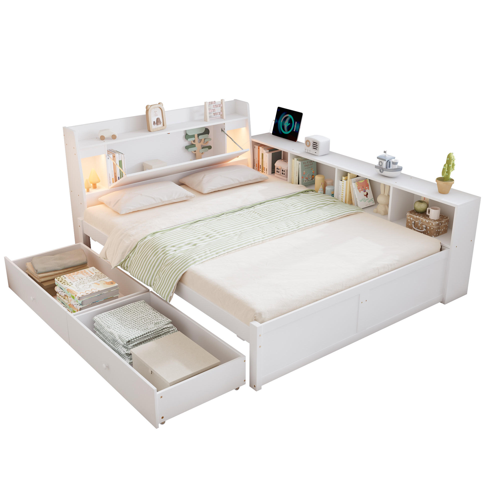 MANŽELSKÁ posteľ 140/200 cm biela s úložným čelom, osvetlením a nabíjacou zásuvkou z masívu a MDF - biela, drevo (140/200cm) - OKWISH