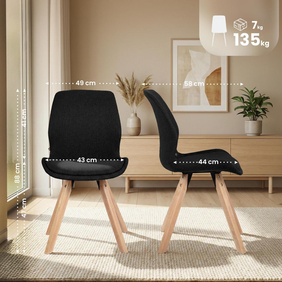 STUHL 2er Set Stoff Schwarz - Eukalyptusholzfarben/Schwarz, Holz/Textil (49/87/58cm) - CLP