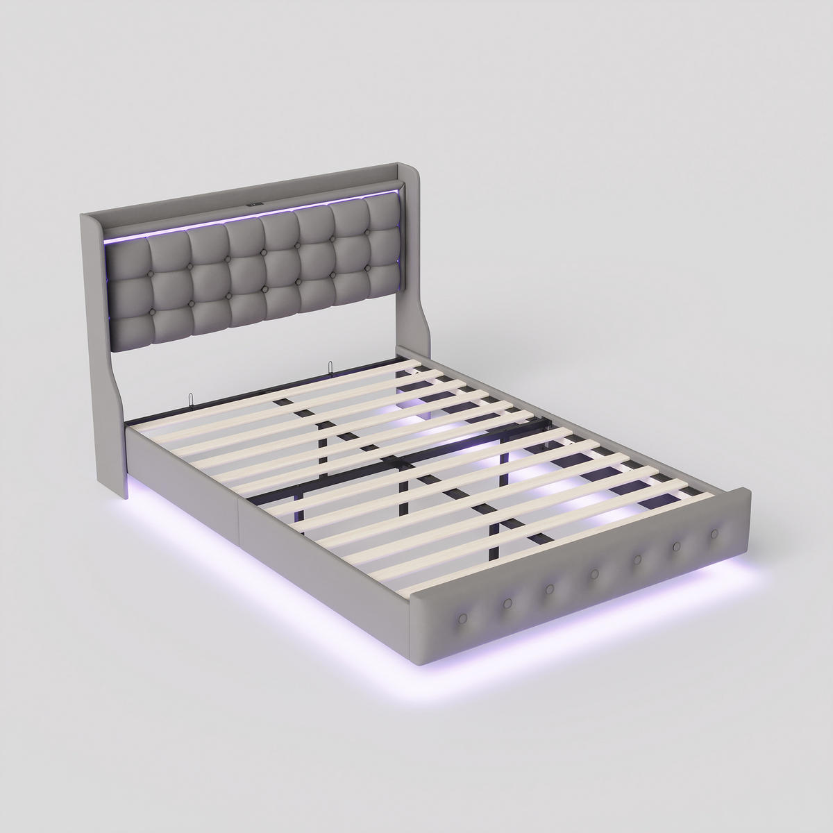 POLSTERBETT 140x200 cm mit LED und USB, Doppelbett mit Lattenrost und Kopfteil, Samtbezug, Grau - Grau, Holzwerkstoff/Textil (140/200cm) - GENKI LIVING