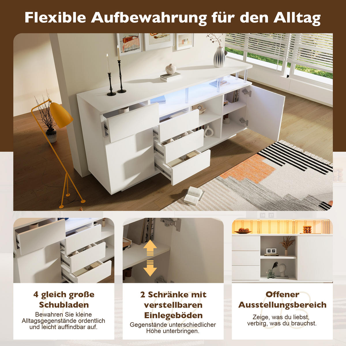 SIDEBOARD 160x40x75 cm Weiß mit LED und 4 Schubladen - Weiß, Holz (160/75/40cm) - FLIEKS
