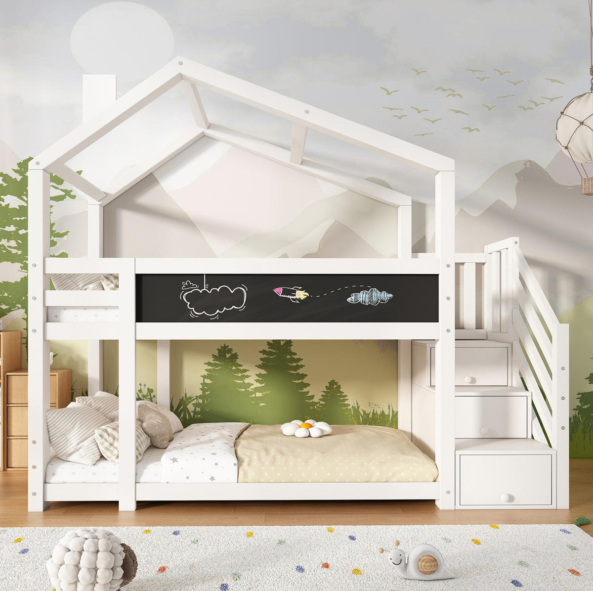 HAUSBETT 90/200 cm in Weiß mit Tafel und Stauraum - Weiß, Holzwerkstoff (90/200cm) - Flora Grace