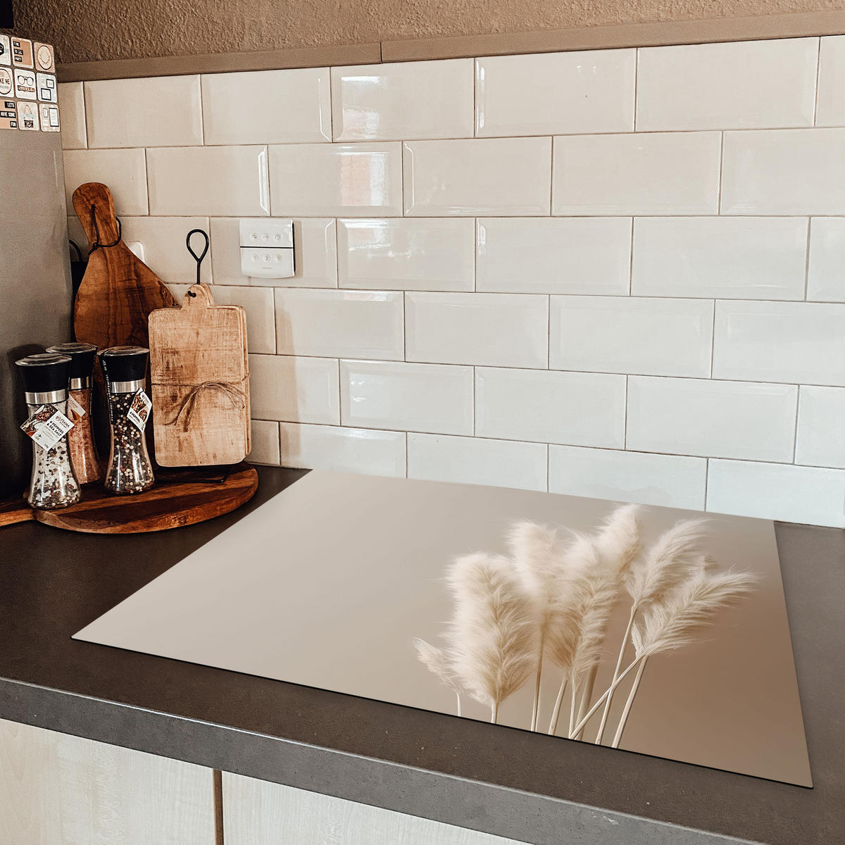 HERDABDECKPLATTE Pampasgras - Federn - Pastell - Weiß Induktionsmatte 71x52 cm - Creme, Kunststoff (71/52/0.2cm) - MuchoWow