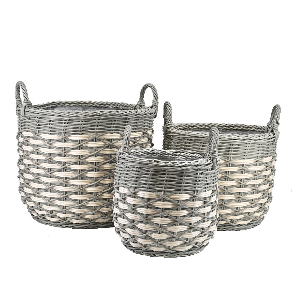 PFLANZKÖRBE 3er Set, Rattan, grau-gestreift - Grau, Kunststoff (50cm) - dasmöbelwerk