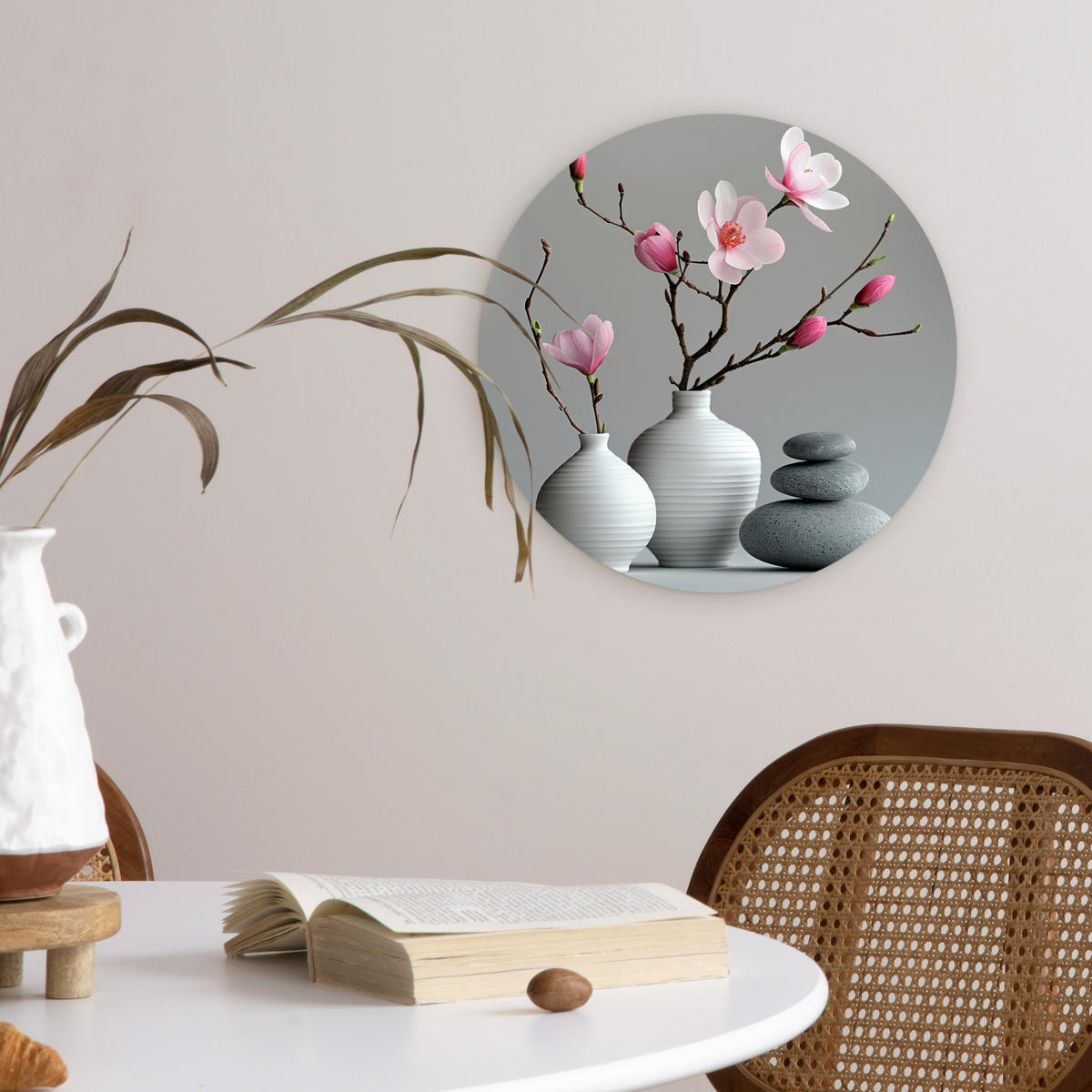 WANDBILD Magnolie - Blumen - Rosa - Zen-Steine 30x30 cm - Hellgrau, Kunststoff (30/30cm) - MuchoWow