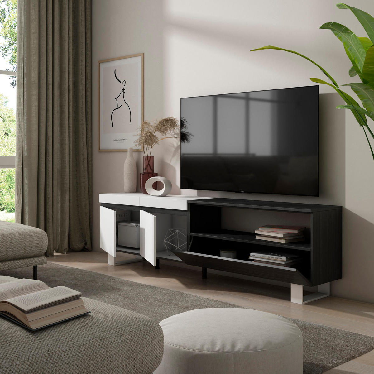 LOWBOARD, weiß, schwarz, 200/35/57cm - Schwarz/Weiß, Holzwerkstoff (200/57/35cm) - Skraut Home