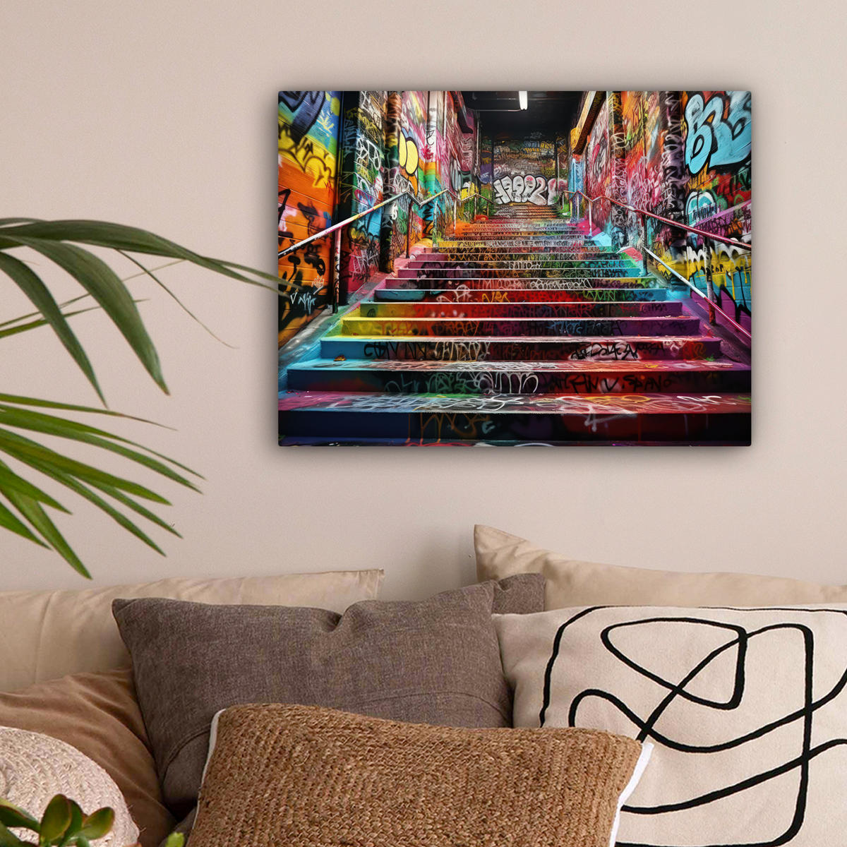 LEINWANDBILD Treppe - Graffiti - Farben - Kunst 40x30 cm - Multicolor, Textil (40/30cm) - MuchoWow