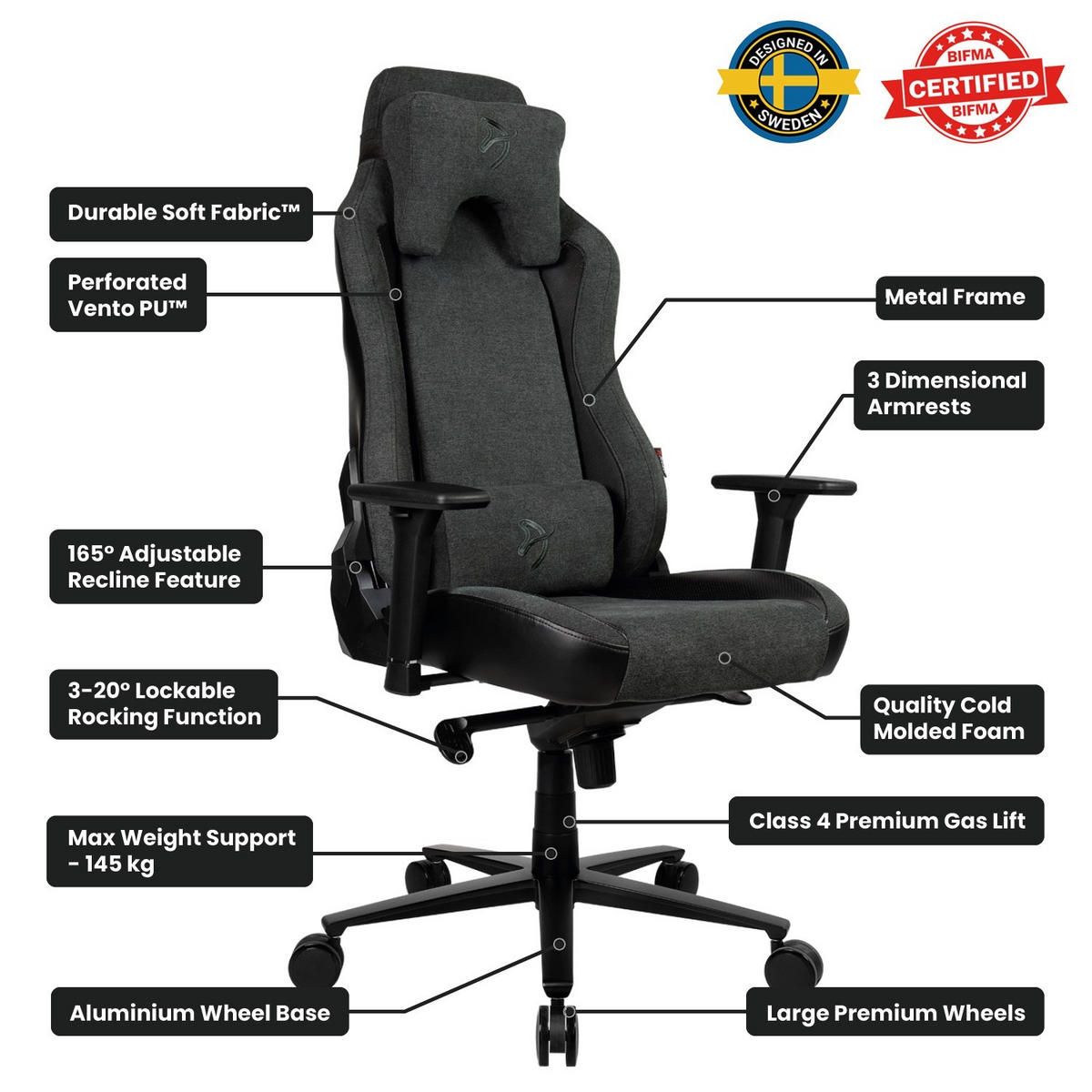 GAMINGSTUHL Vernazza Vento™ Dunkelgrau - Dunkelgrau/Schwarz, Kunststoff/Textil (68/135/50cm) - Arozzi