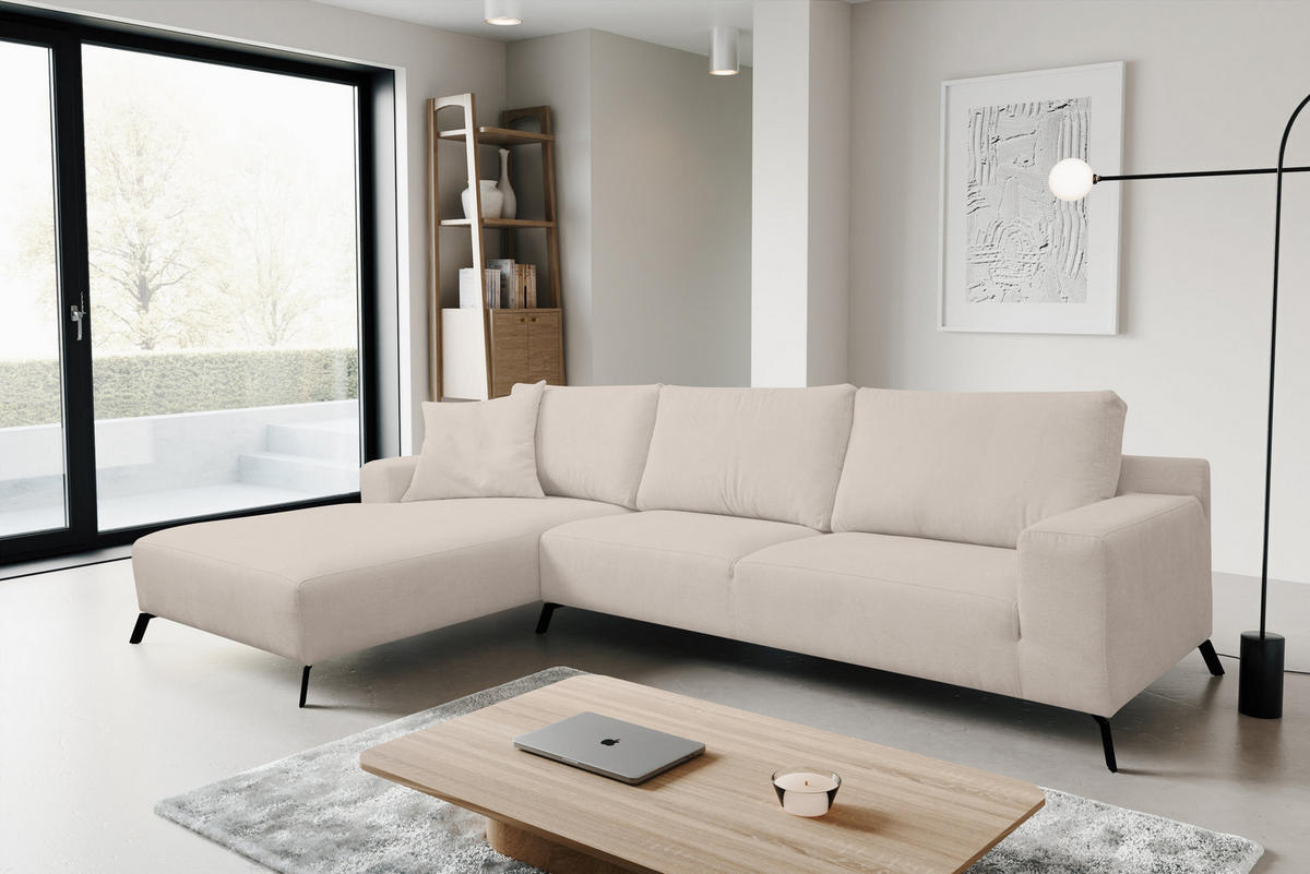 ECKSOFA Aspen in L-Form, Coach Farbe: Beige, Velourstoff, Ottomane Links - Beige, Textil (187/312cm) - VENASI MÖBEL