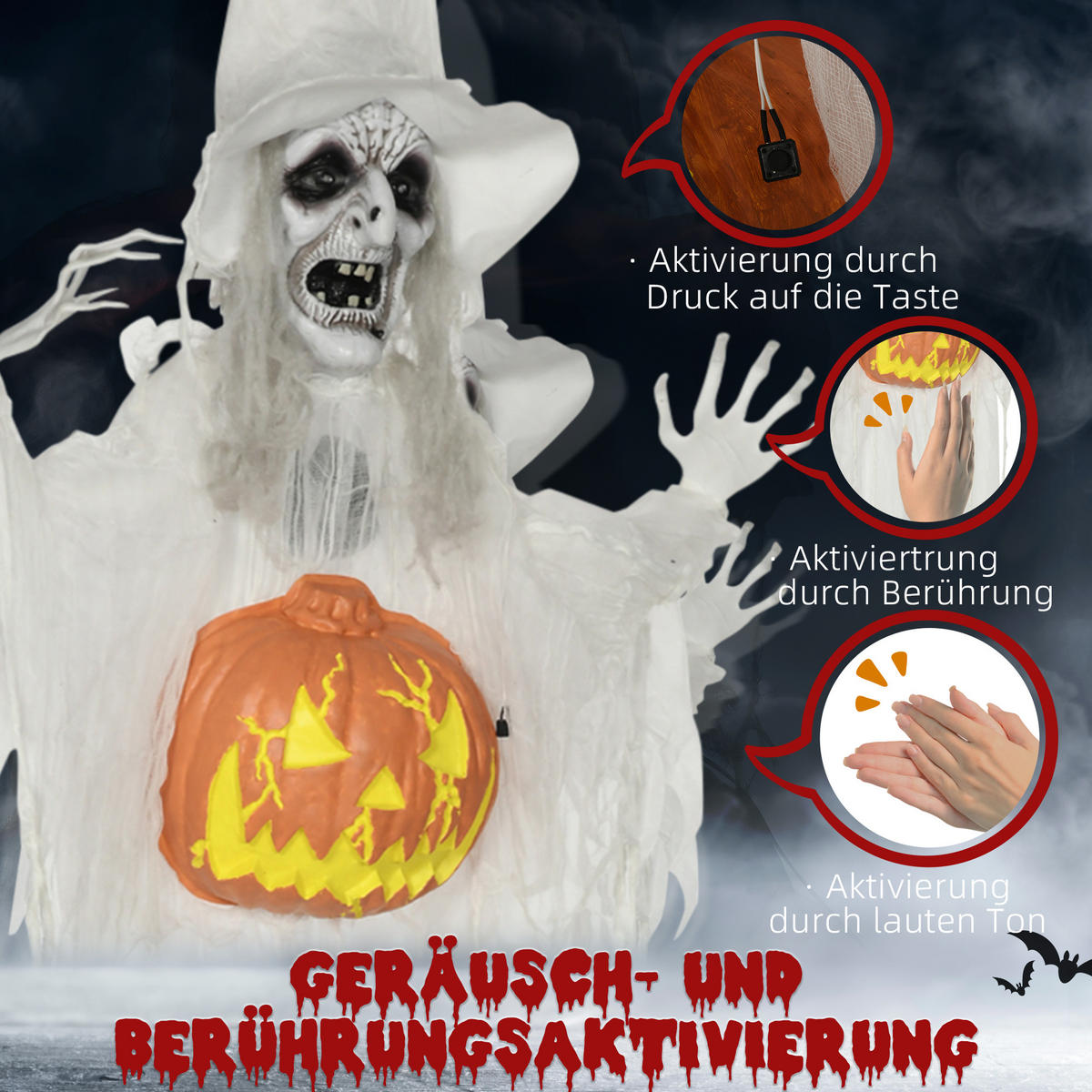 HALLOWEEN HORROR-CLOWN, Weiß, Polyester, PE, Stahl - Weiß, Kunststoff (18/183/60cm) - HOMCOM